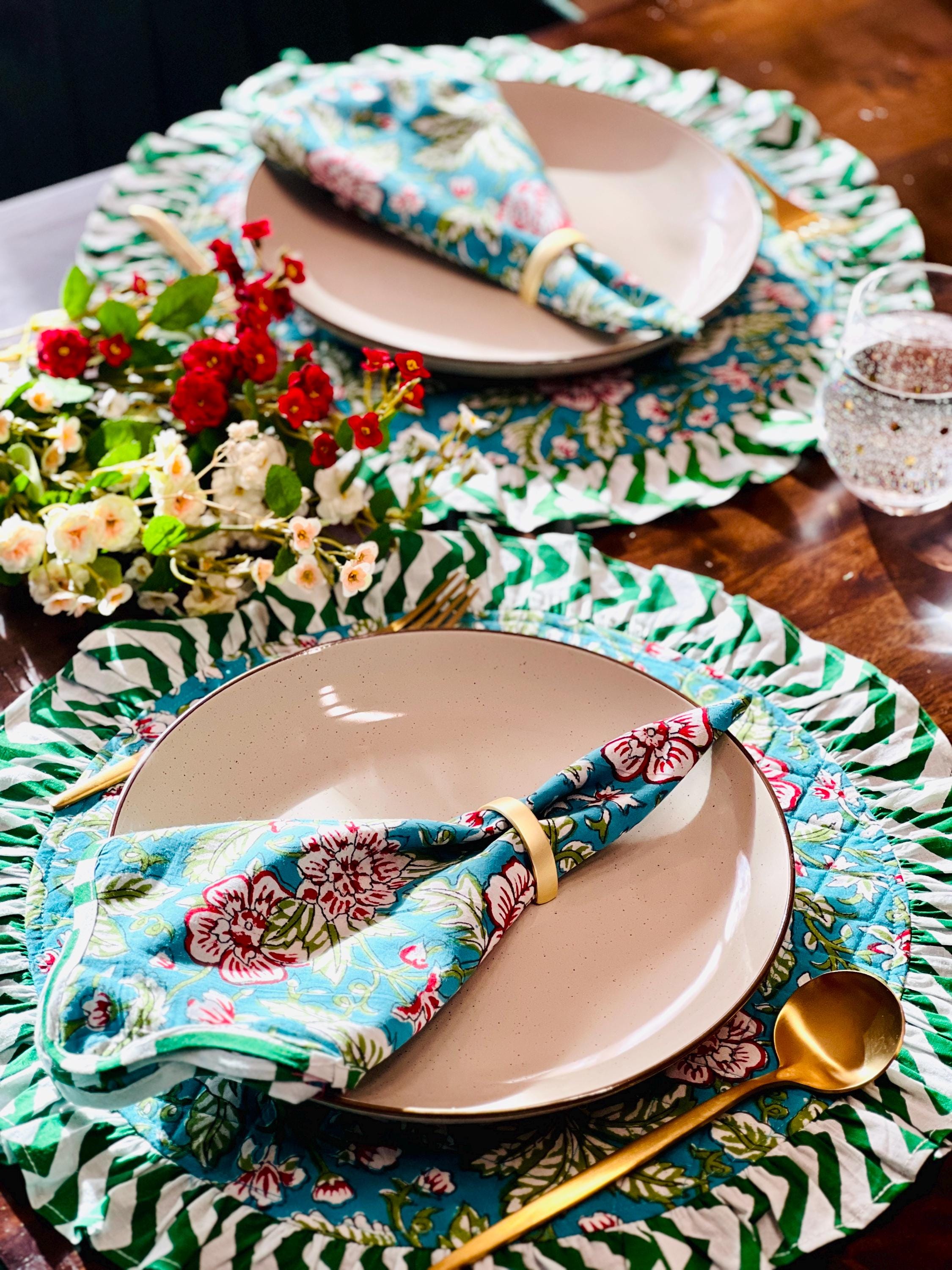 Gift for Mother’s Day Table Mat and Napkin Set Housewarming Gift Bright Floral Dining Placemats Quilted Cotton Mat Boho Dining Decor Set