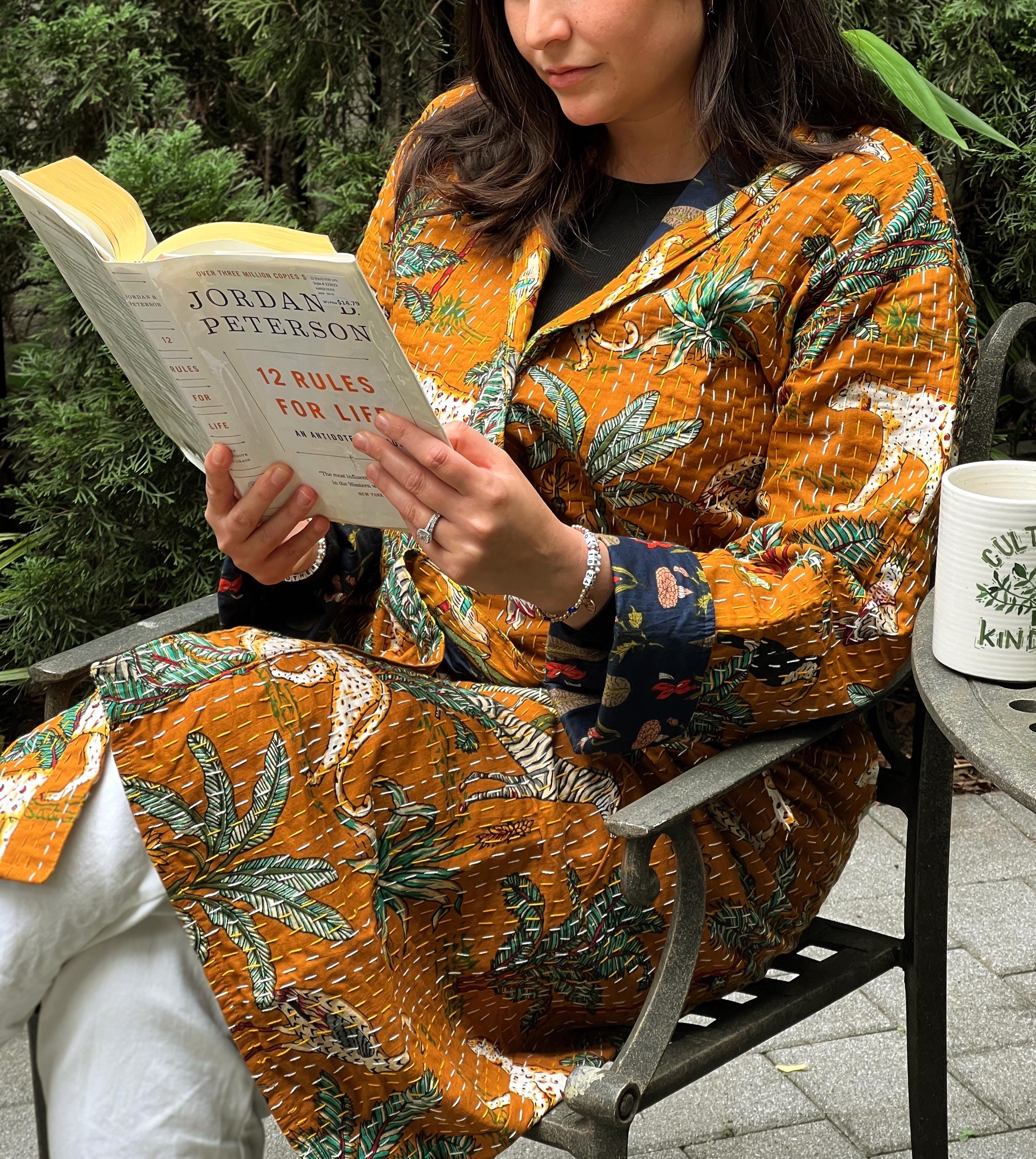 Kantha Cotton Reversible Kimono Hand Stitched Indian Robe Cozy Japanese Animal Print Kantha Stitch housecoat Winter Kimono Holiday Gift