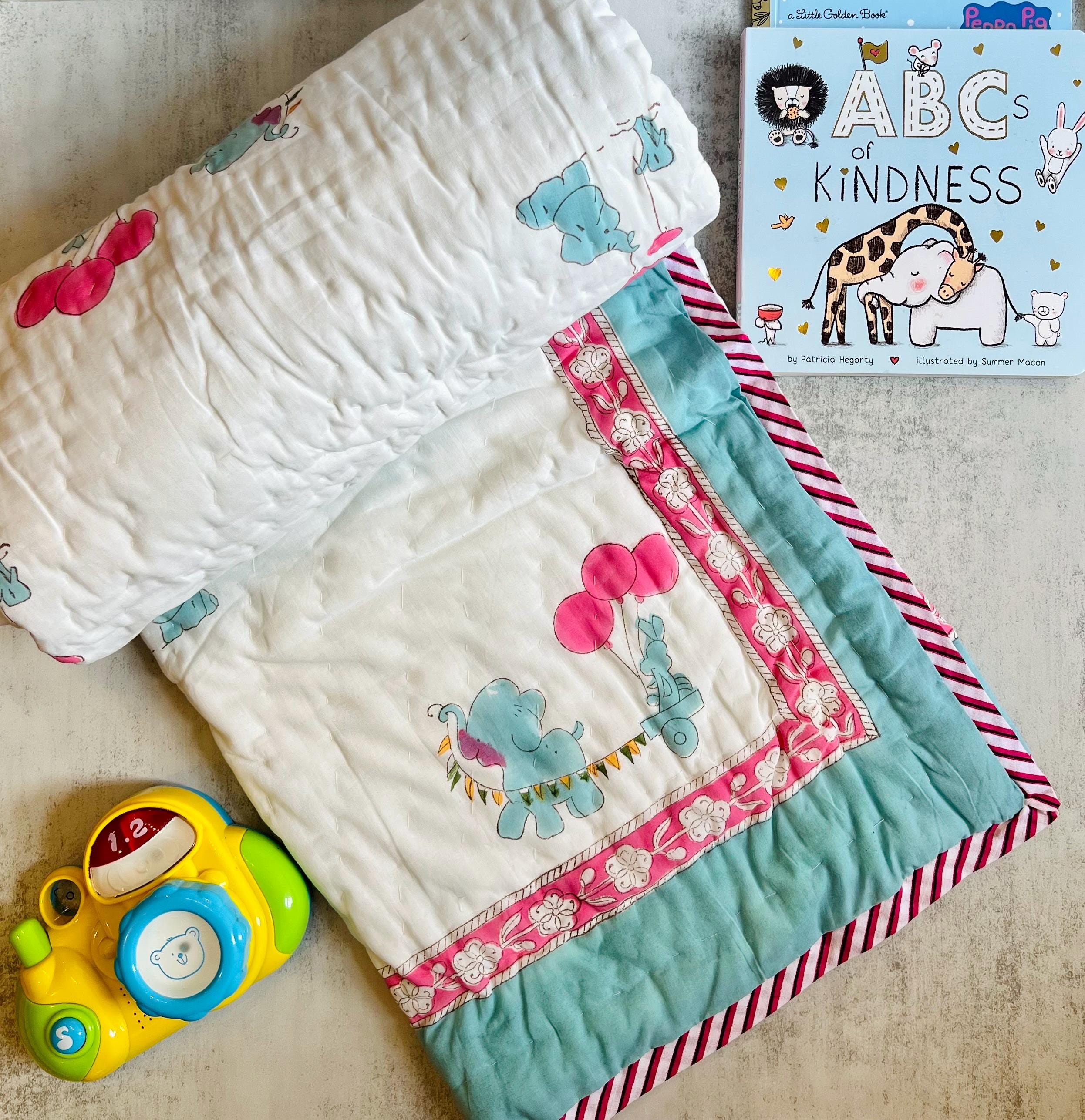 Useful Toddler Birthday Gift for Kids Handstitched Kids Blanket Handmade Indian Quilt, Block Print Soft Cotton Blanket, Handmade Gift Kids