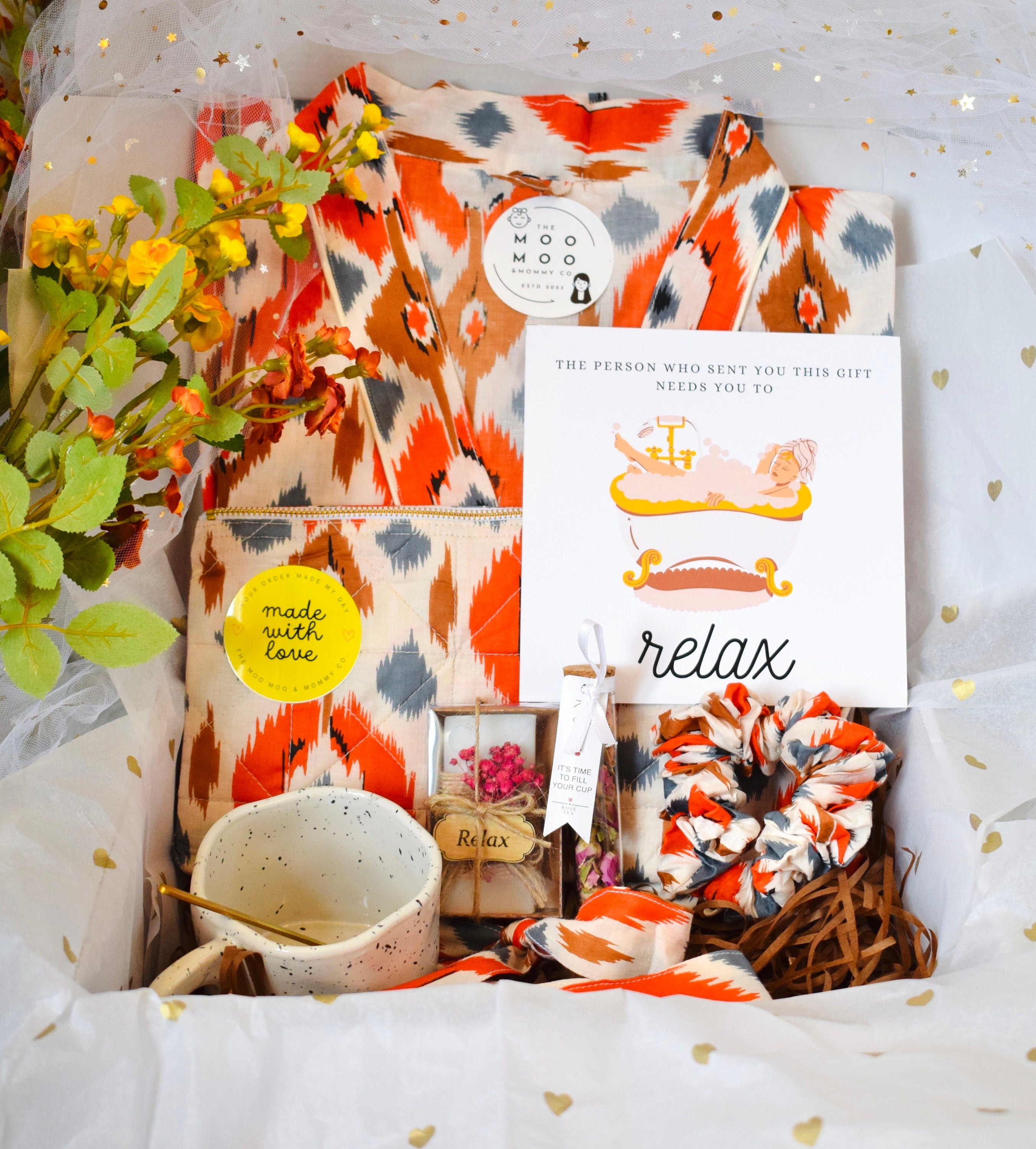 Relaxation Gift Box Hygge Indian Kimono SelfCare Kit Birthday Gift for her Thinking of you Sending Warm Hugs Take care package best mom gift