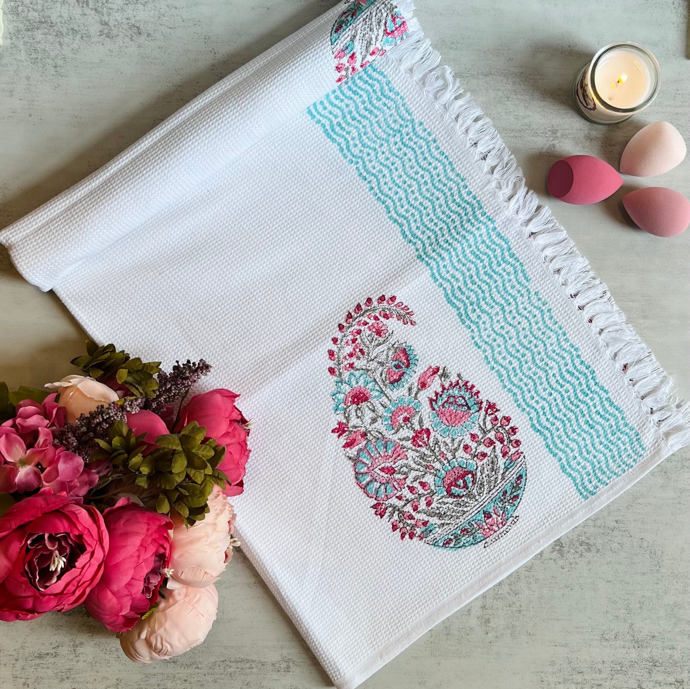 Quick Dry Towel Gift for Her Gifts for Mom Spa Towel Beach Towel Block Printed Towel Waffle Cotton Towel Gift for Spa lover Travel Accessory