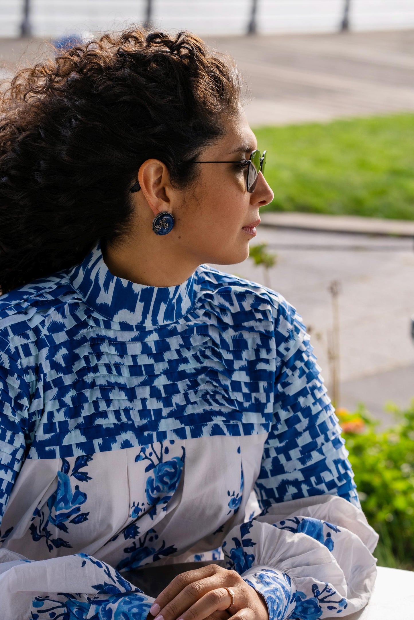 Midi Dress Blue Floral Dress Indian Cotton Dress Pleated Casual Dress Tunic Comfortable Vacation Wear Long Puff Sleeves Women Summer Dress