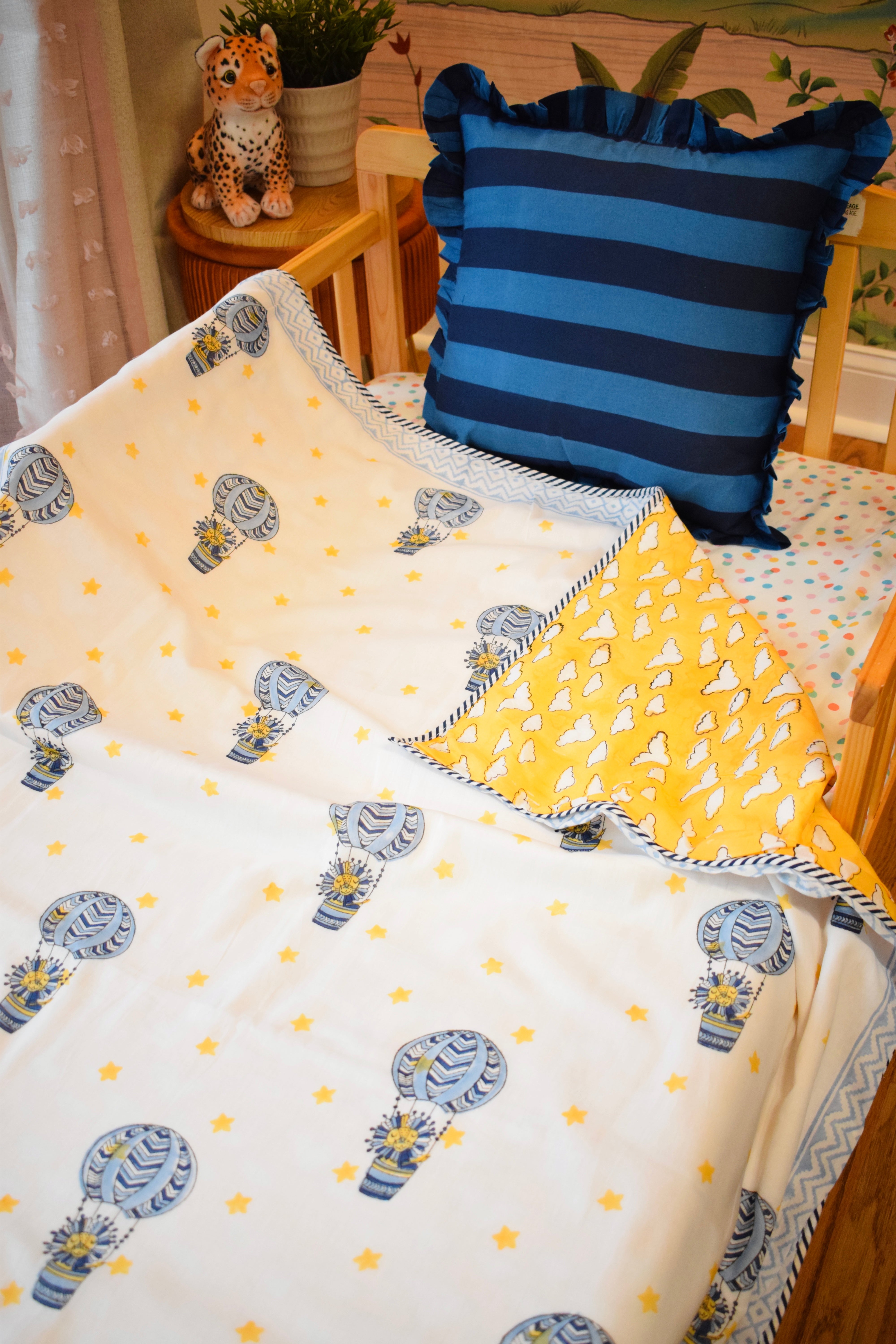 Kids Cotton Blanket – Hand Block Printed 3-Layer Indian Dohar Comforter (Lion + Cloud Print)