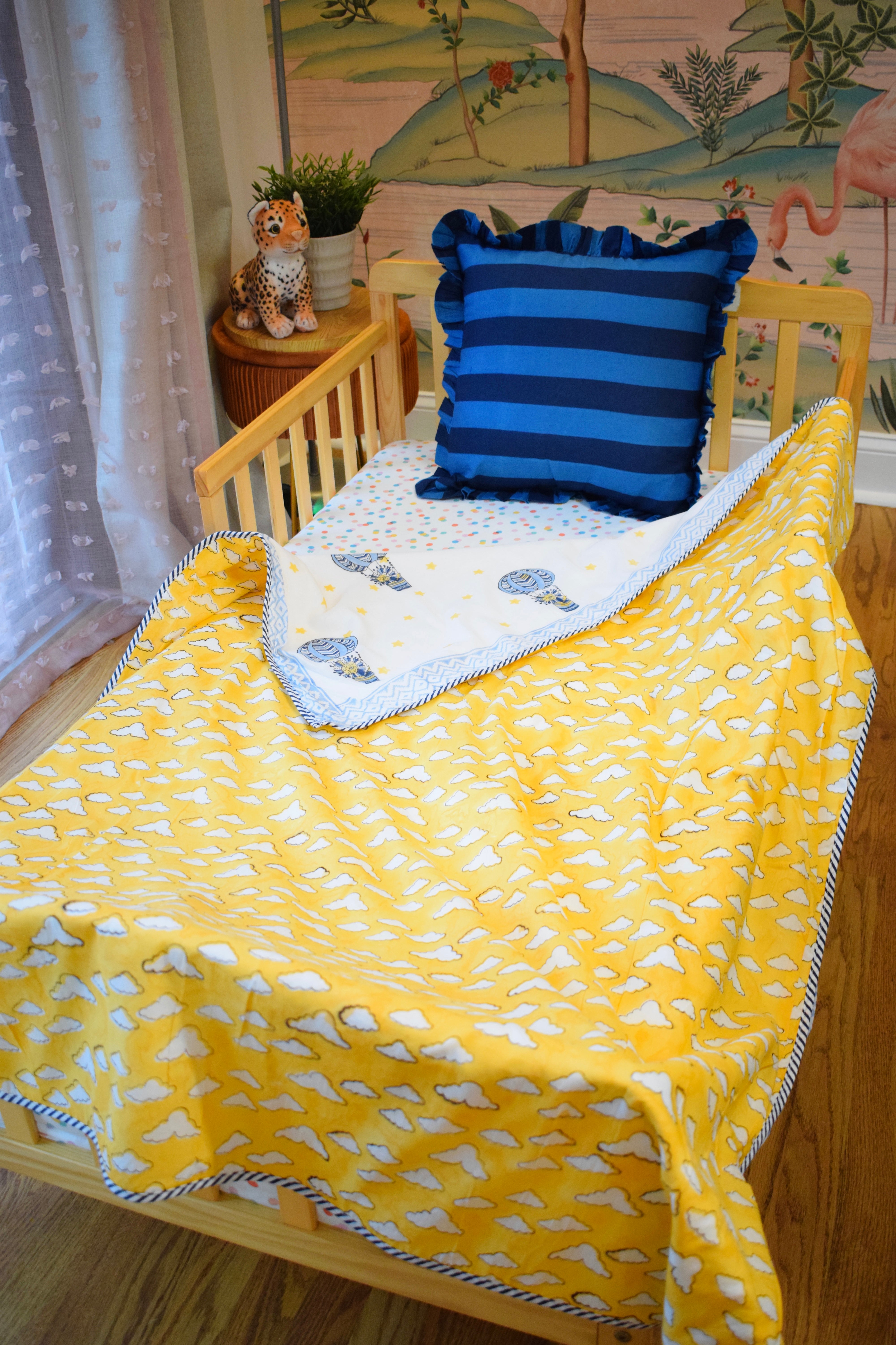 Kids Cotton Blanket – Hand Block Printed 3-Layer Indian Dohar Comforter (Lion + Cloud Print)