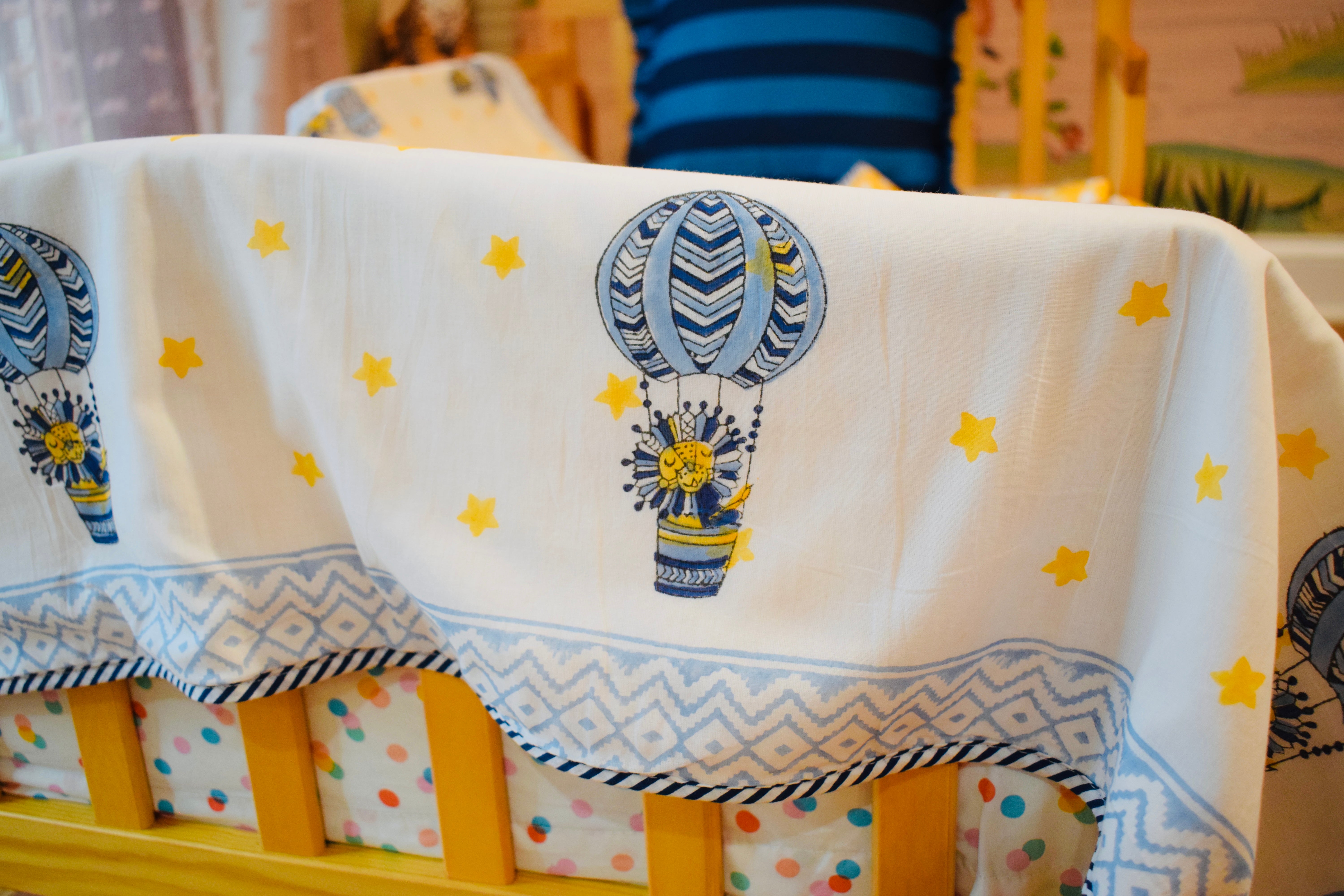 Kids Cotton Blanket – Hand Block Printed 3-Layer Indian Dohar Comforter (Lion + Cloud Print)