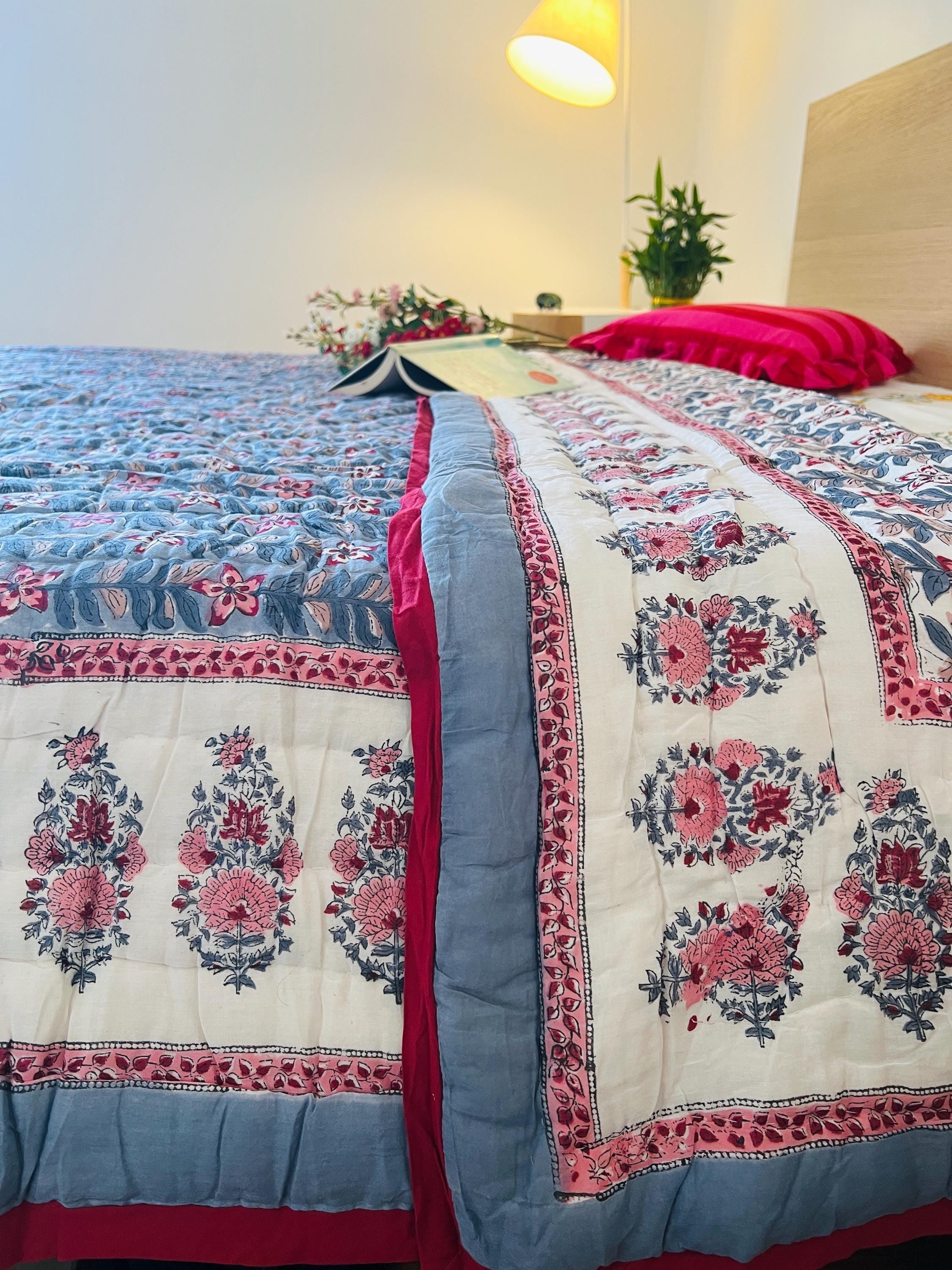 Queen Quilt Cotton Comforter Colorful Bedspread Soft Quilt Unique Bedding Gift Ideas Organic Cotton Indian Hand Block Print AC Quilt Floral