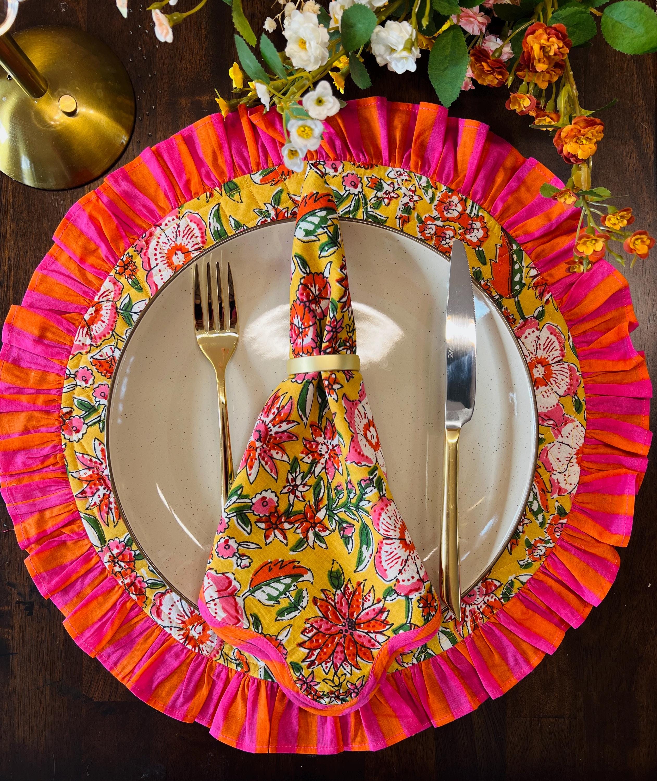 Table Mat and Napkin Set Housewarming Gift Bright Floral Dining Placemats Quilted Cotton Mat Boho Dining Decor Set Block Print Indian Prints