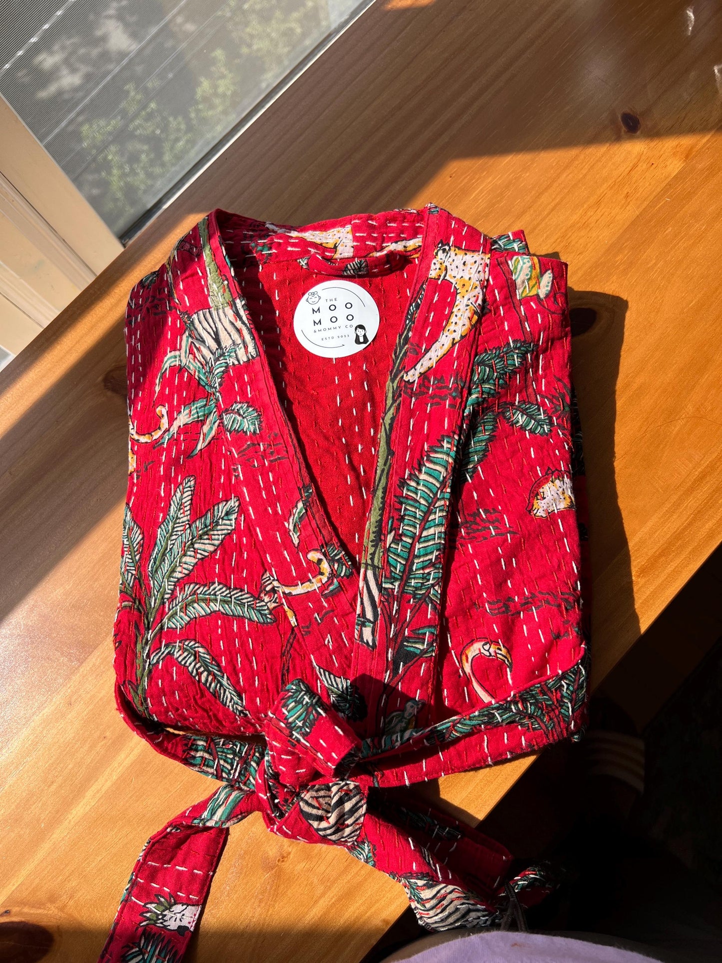 Kantha Cotton Kimono Hand Stitched Indian Robe Cozy Japanese Kimono Animal Print Kantha Stitch housecoat Winter Kimono Holiday Gift for Her