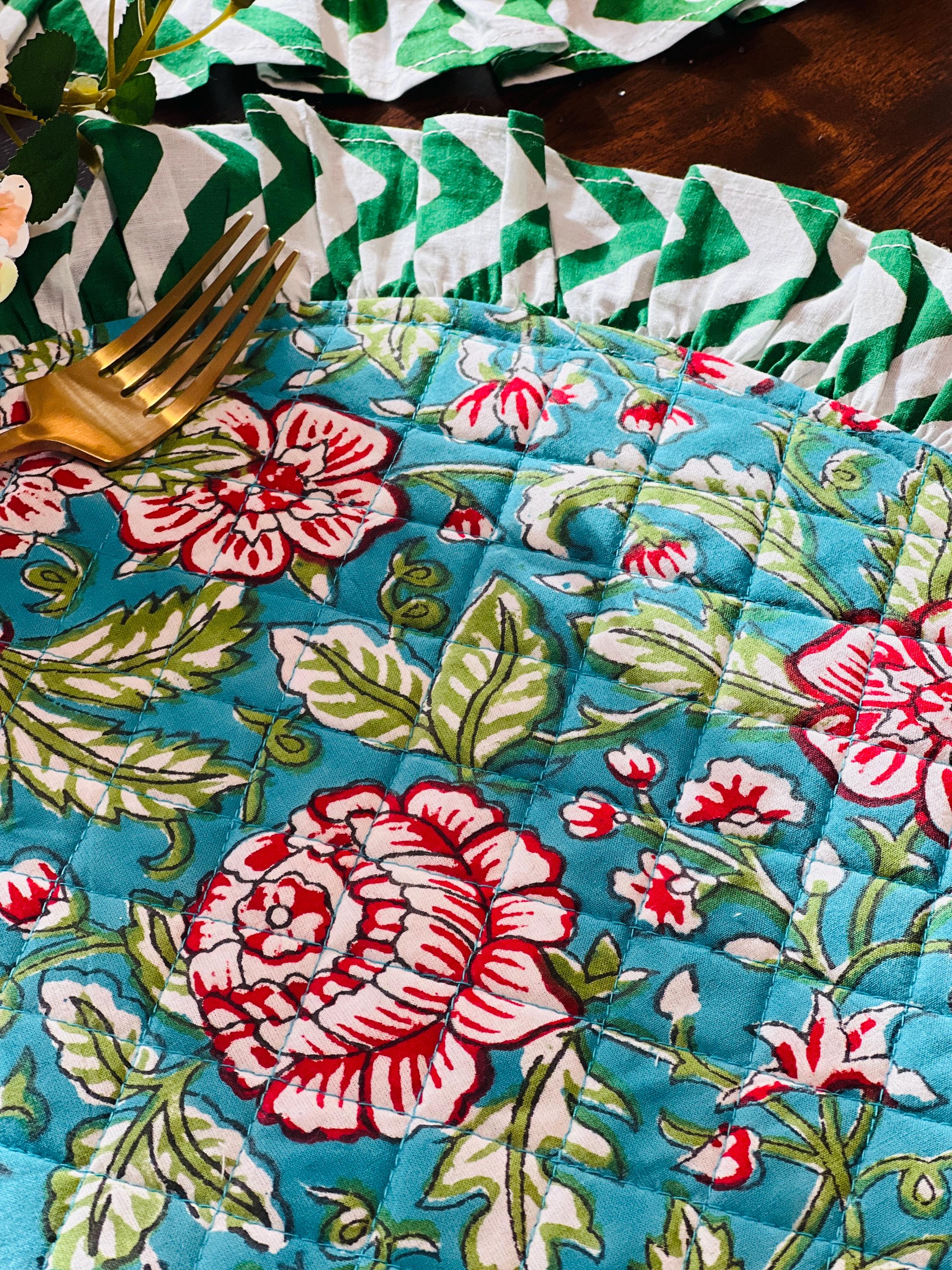 Gift for Mother’s Day Table Mat and Napkin Set Housewarming Gift Bright Floral Dining Placemats Quilted Cotton Mat Boho Dining Decor Set
