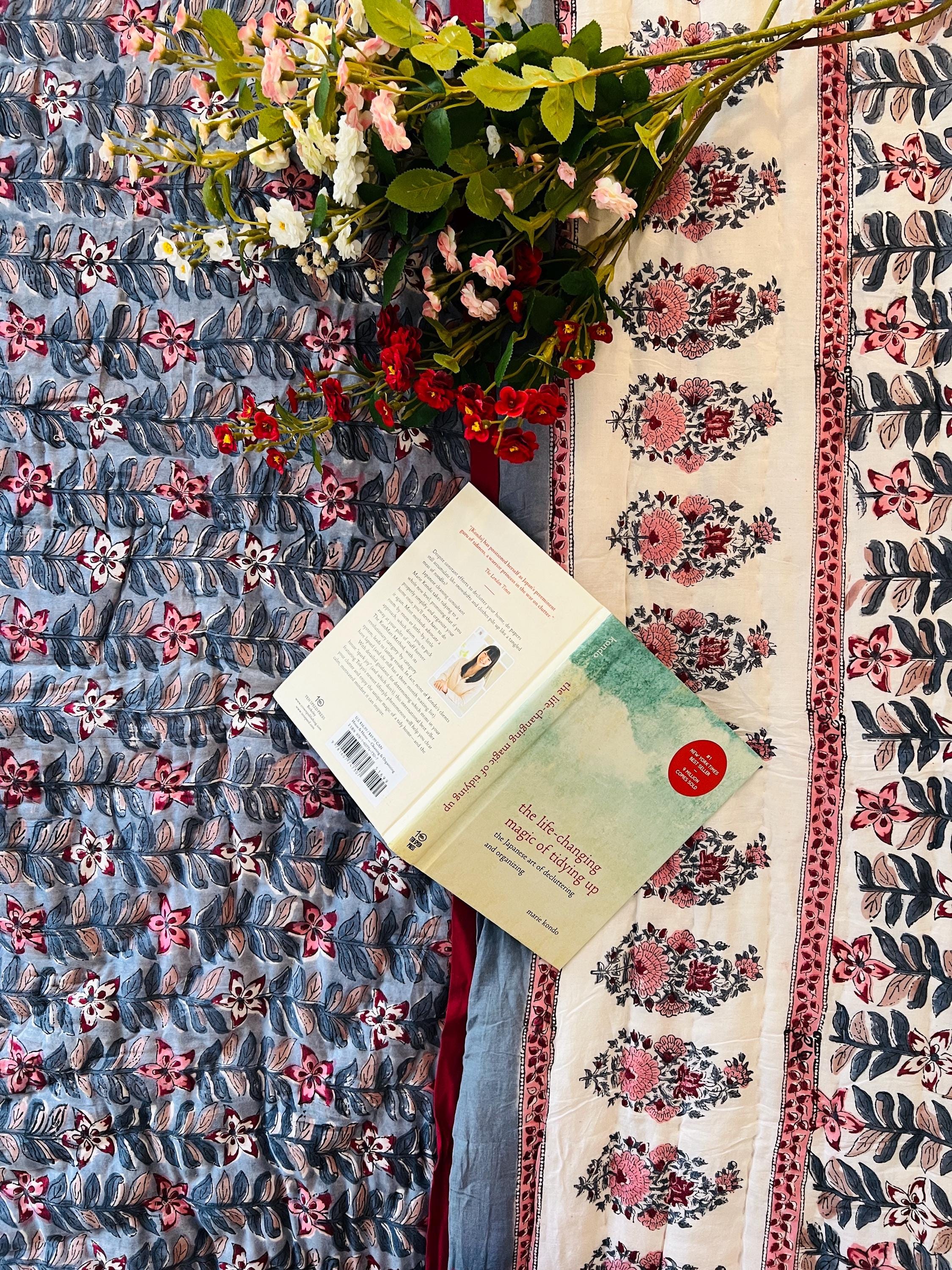 Queen Quilt Cotton Comforter Colorful Bedspread Soft Quilt Unique Bedding Gift Ideas Organic Cotton Indian Hand Block Print AC Quilt Floral