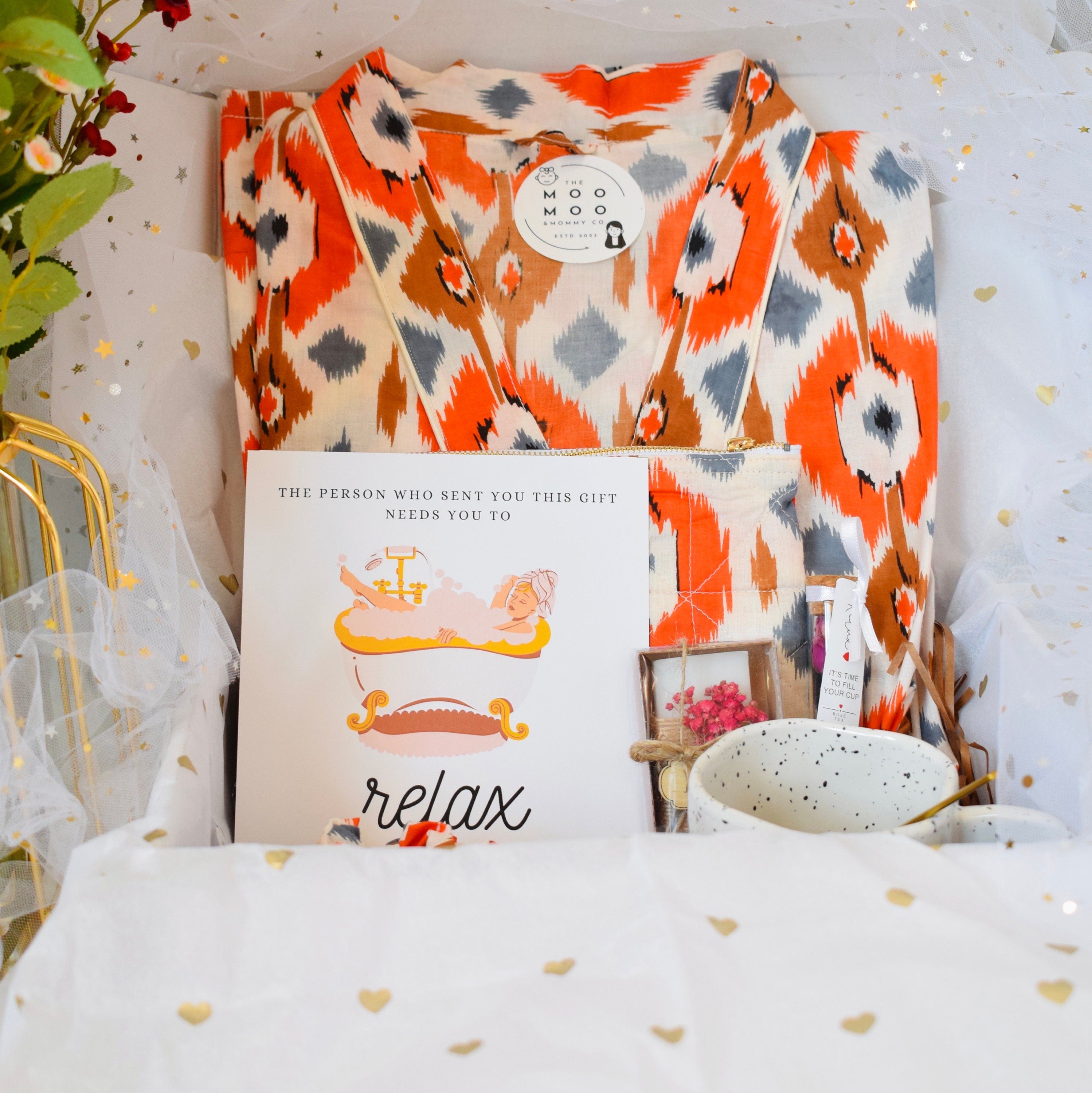Relaxation Gift Box Hygge Indian Kimono SelfCare Kit Birthday Gift for her Thinking of you Sending Warm Hugs Take care package best mom gift