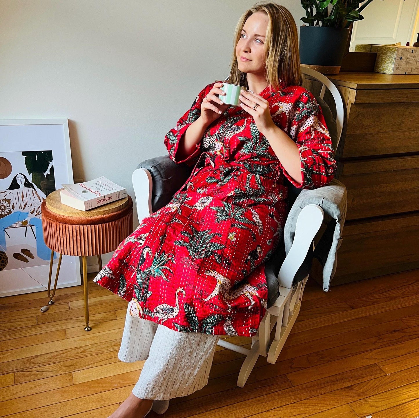 Kantha Cotton Kimono Hand Stitched Indian Robe Cozy Japanese Kimono Animal Print Kantha Stitch housecoat Winter Kimono Holiday Gift for Her