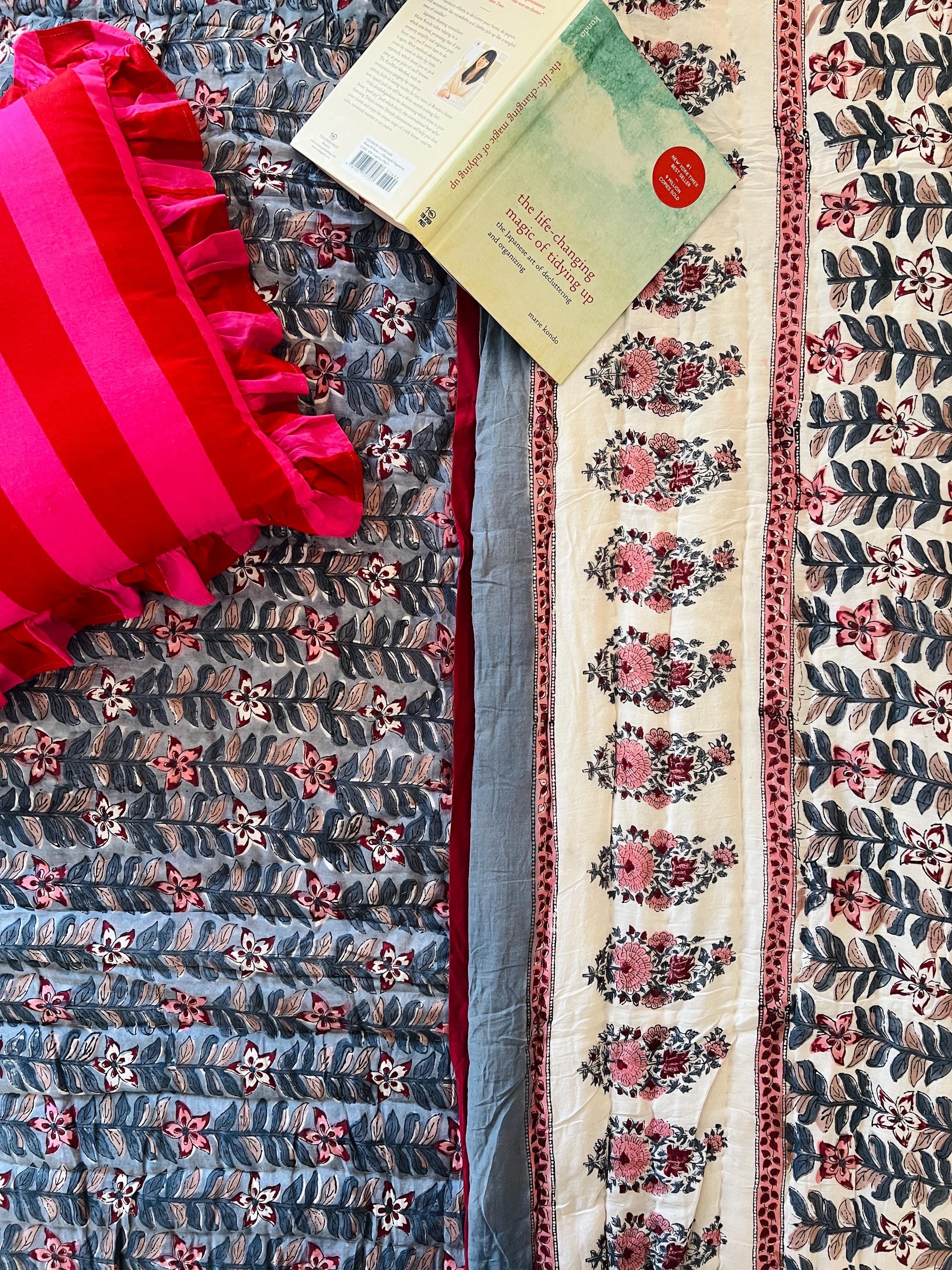 Queen Quilt Cotton Comforter Colorful Bedspread Soft Quilt Unique Bedding Gift Ideas Organic Cotton Indian Hand Block Print AC Quilt Floral