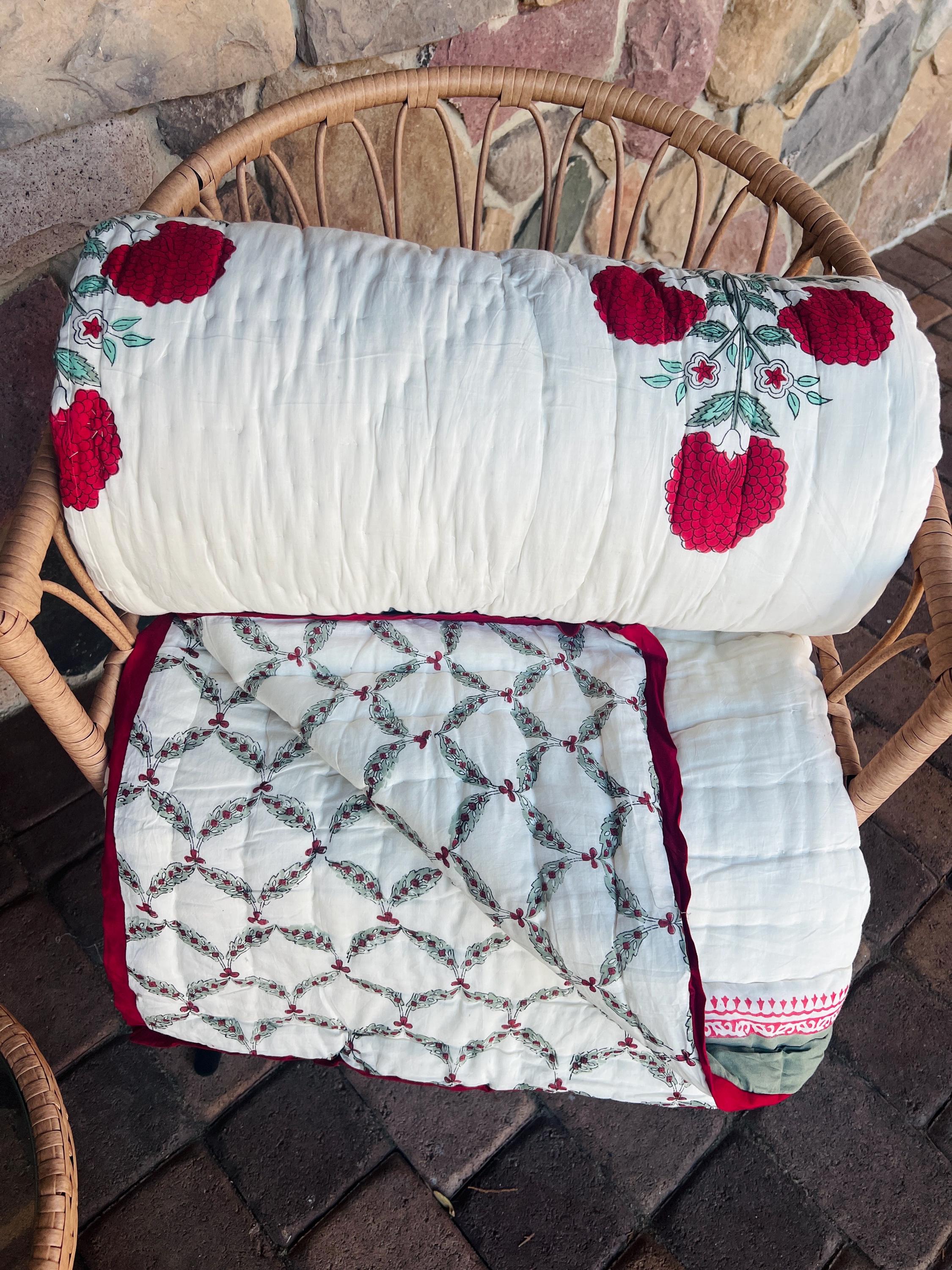 Indian Cotton Queen Quilt Block Printed Queen Blanket Organic Comforter Colorful Bedspread Jaipur Razai Soft Quilt Unique Bedding Gift Ideas