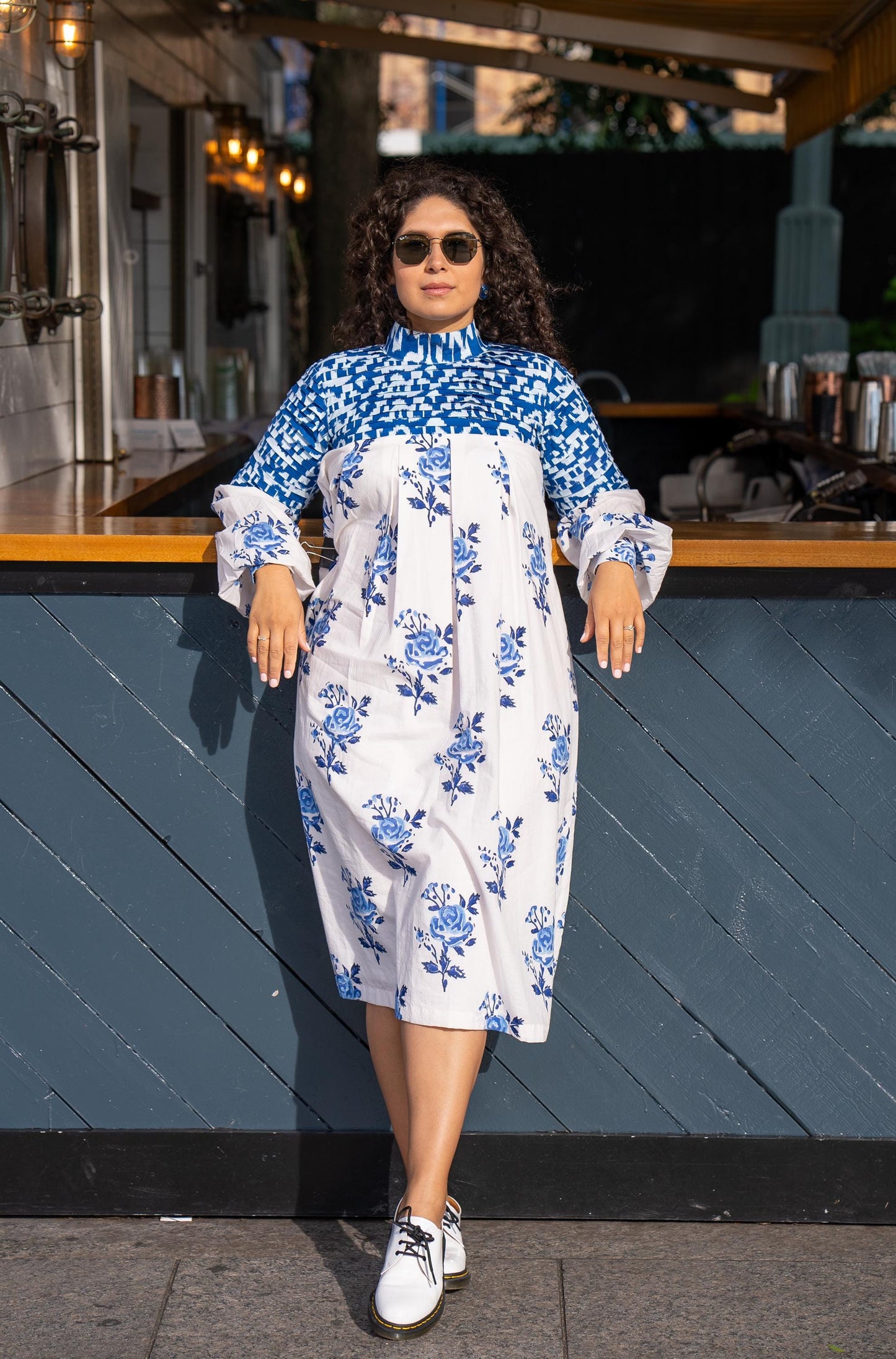 Midi Dress Blue Floral Dress Indian Cotton Dress Pleated Casual Dress Tunic Comfortable Vacation Wear Long Puff Sleeves Women Summer Dress