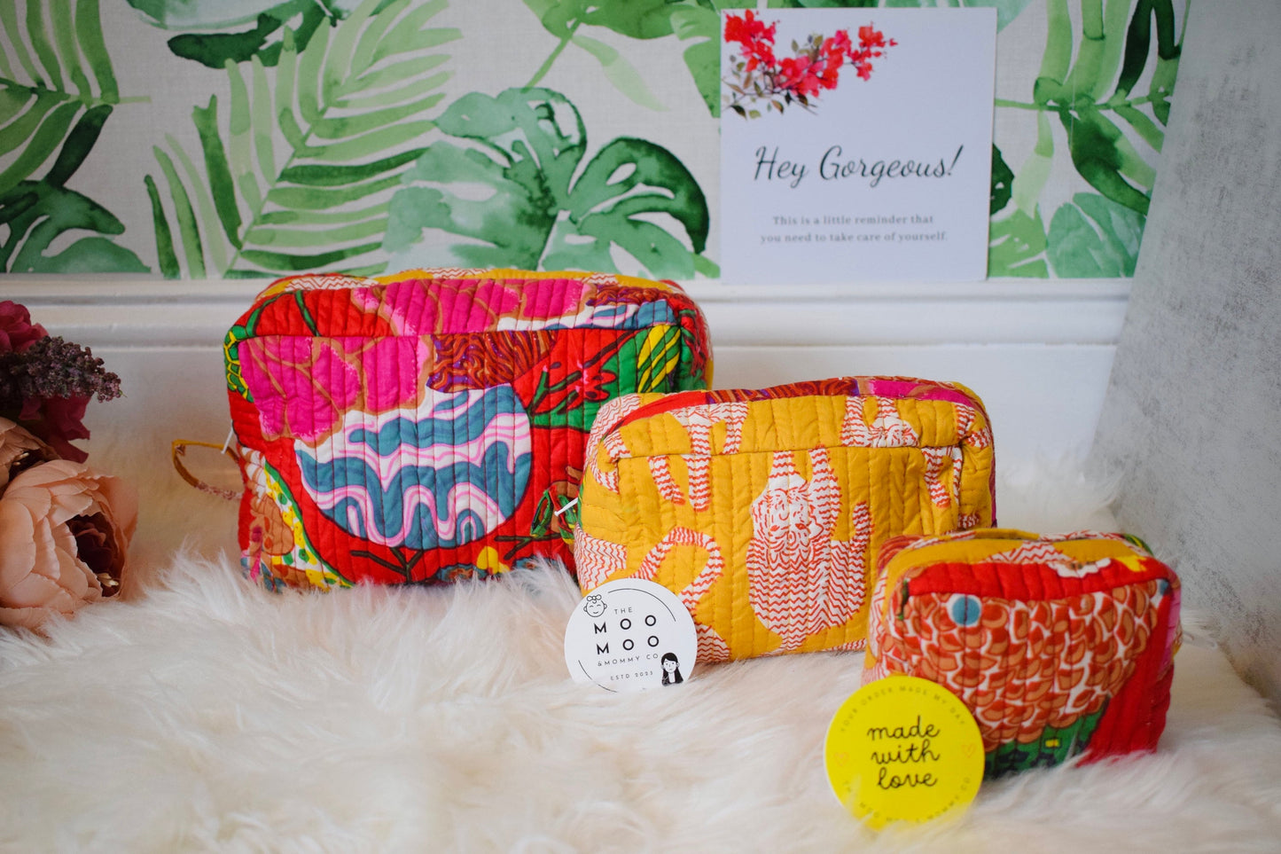 Set of 3 Toiletry Bags Quilted Pouches Indian Block Printed Bags Cotton Makeup Bag Gift for her Birthday Gift Ideas for Women Utility Pouch