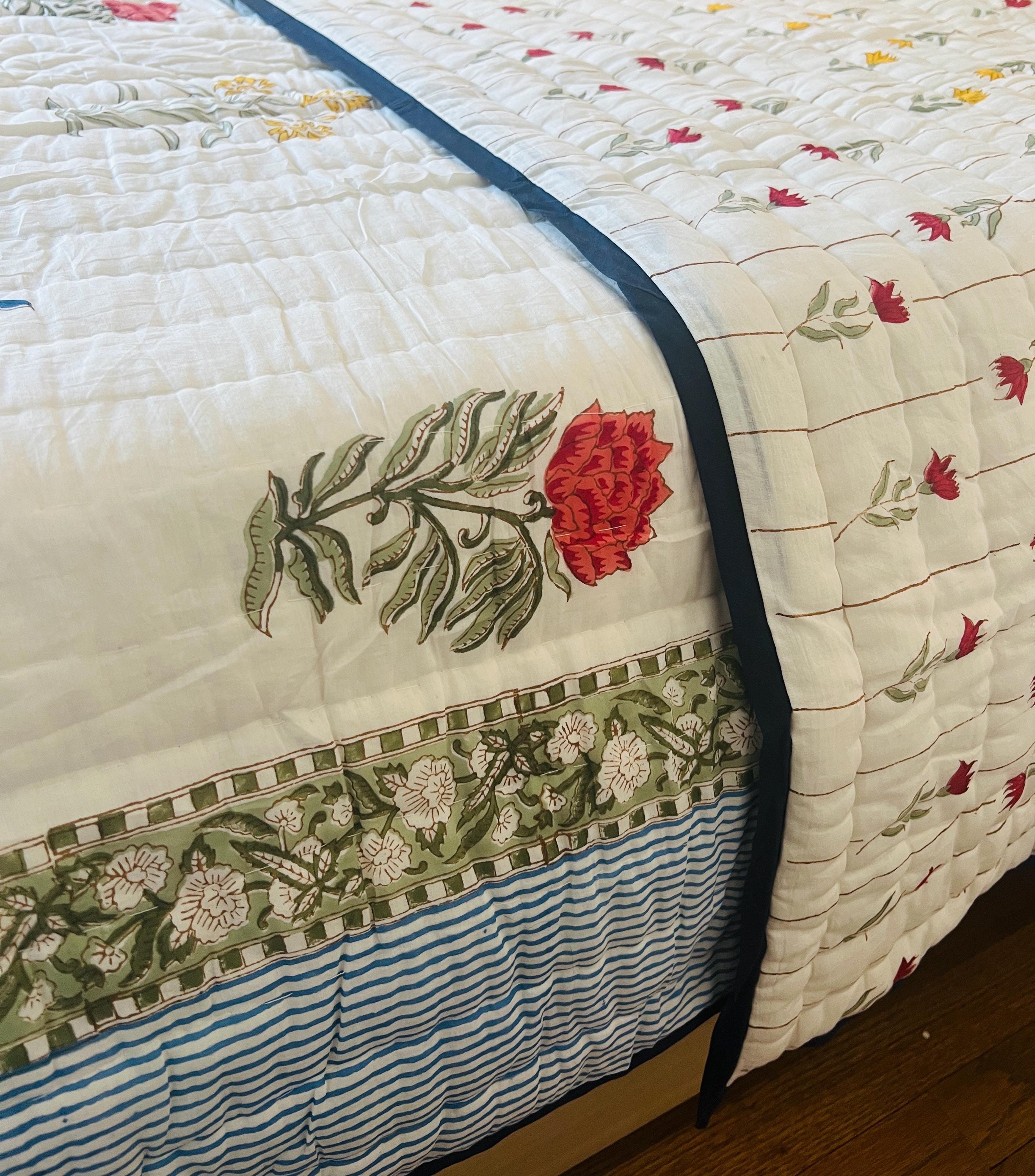 Indian Cotton Queen Quilt Block Printed Queen Blanket Organic Comforter Colorful Bedspread Jaipur Razai Soft Quilt Unique Bedding Gift Ideas
