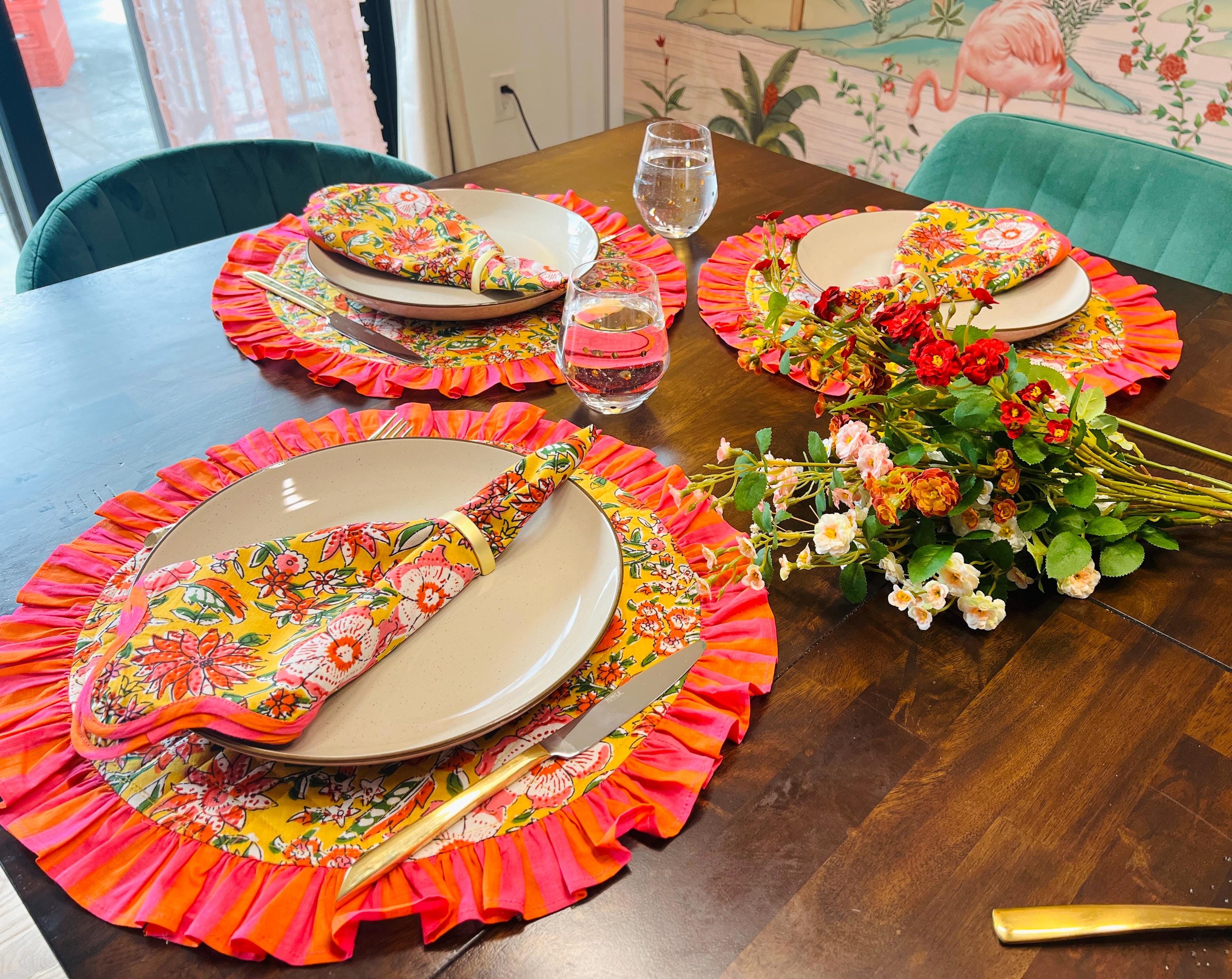 Gift for Mother’s Day Table Mat and Napkin Set Housewarming Gift Bright Floral Dining Placemats Quilted Cotton Mat Boho Dining Decor Set