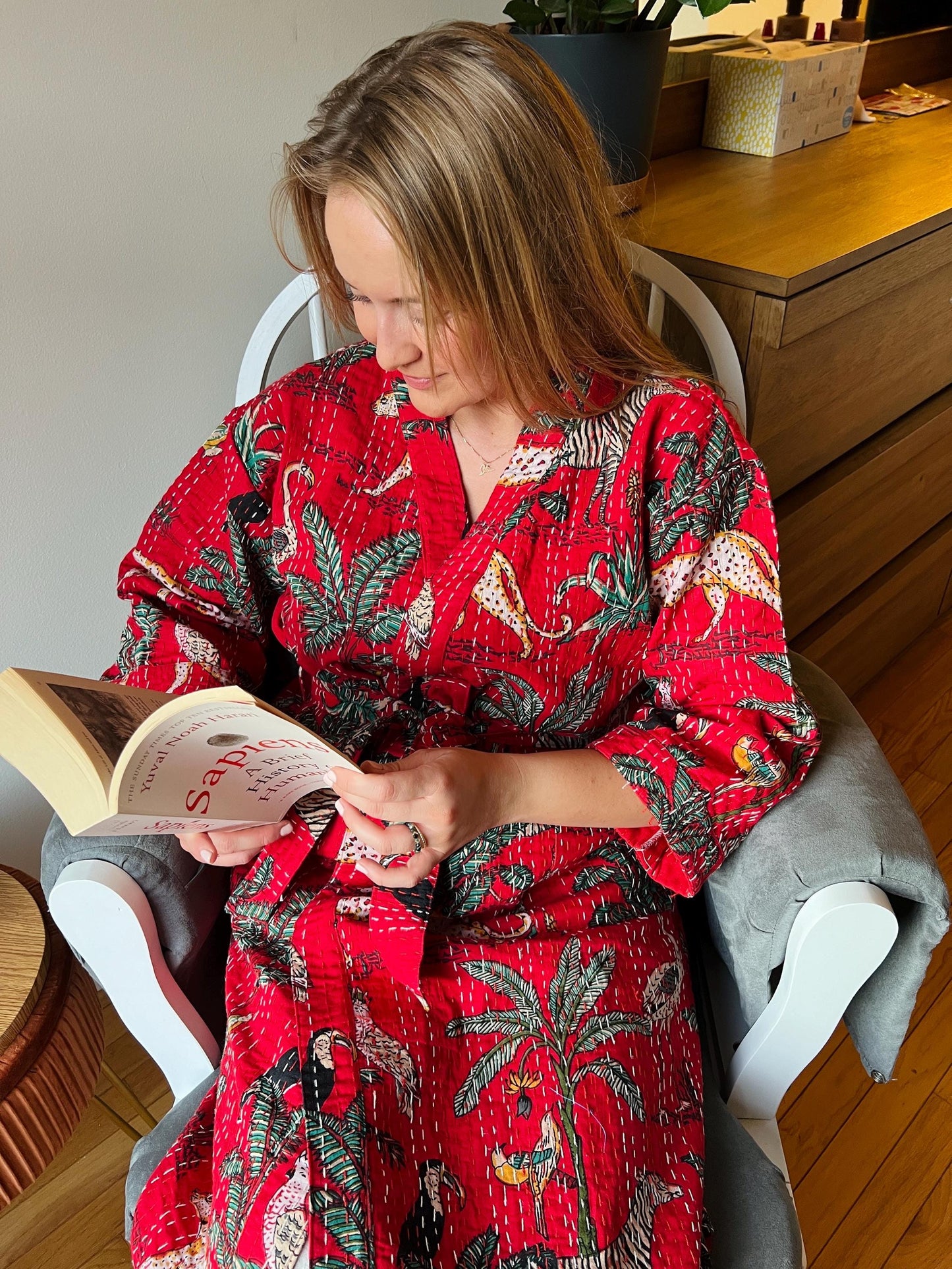 Kantha Cotton Kimono Hand Stitched Indian Robe Cozy Japanese Kimono Animal Print Kantha Stitch housecoat Winter Kimono Holiday Gift for Her