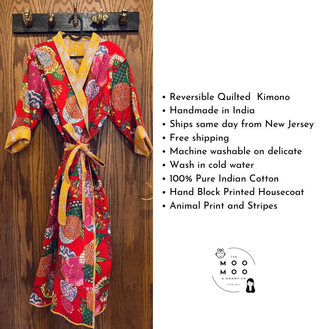 Quilted Housecoat Reversible Indian Robe Time to Relax Spa Gift Box Self Care Kit for her Birthday Gift for Women Block Printed Animal Print