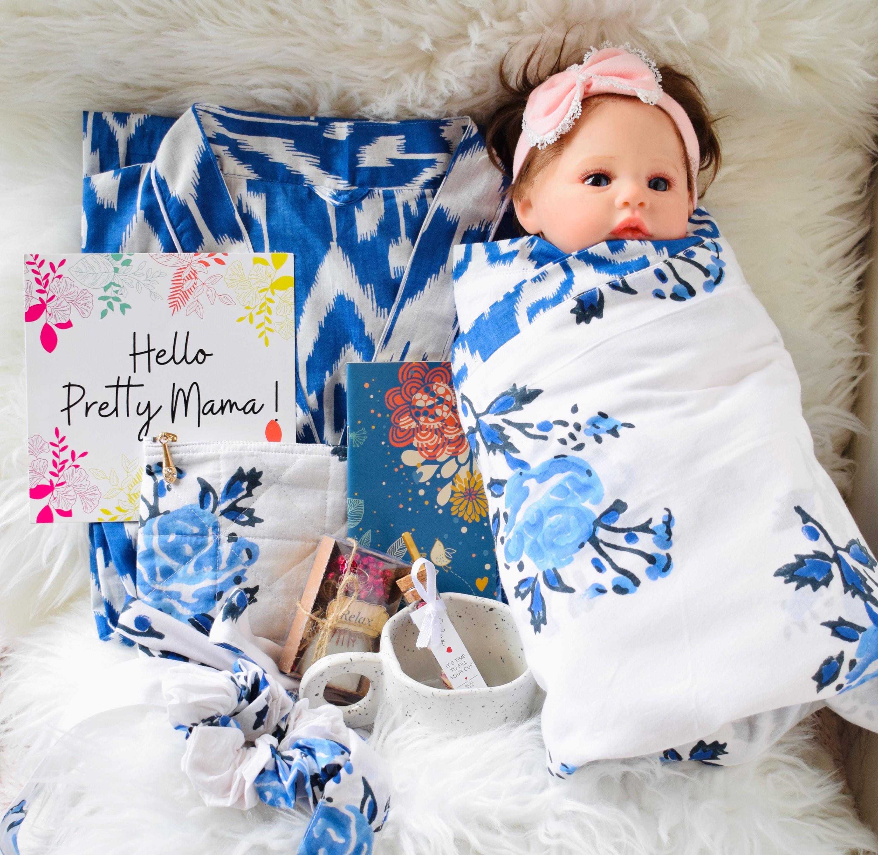Expecting Mom Gift | Baby Gift Basket | First Time Mom Gift | Baby Shower Box New Born Swaddle Blanket & Women Kimono Robe | Push Present