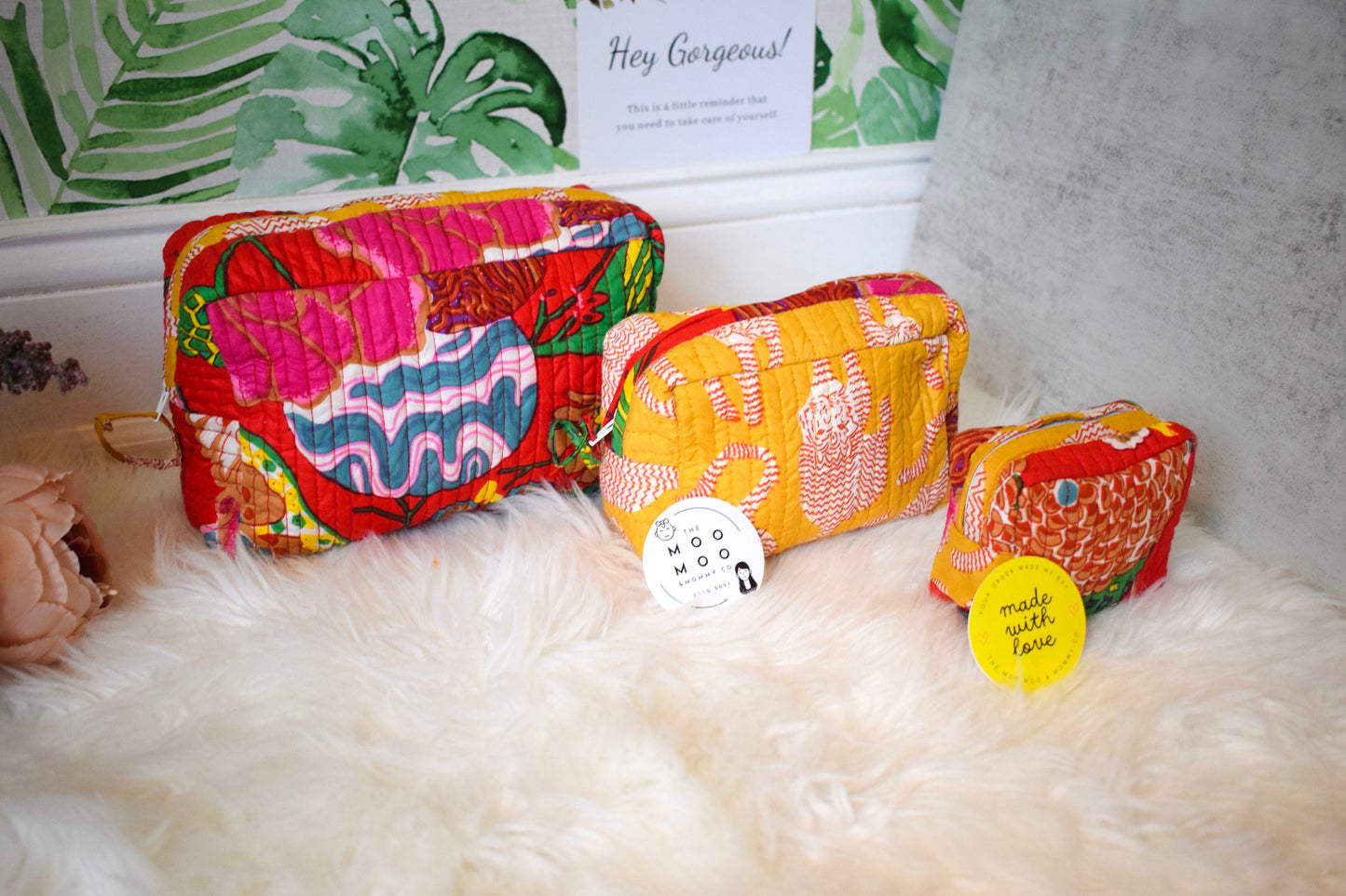 Set of 3 Toiletry Bags Quilted Pouches Indian Block Printed Bags Cotton Makeup Bag Gift for her Birthday Gift Ideas for Women Utility Pouch