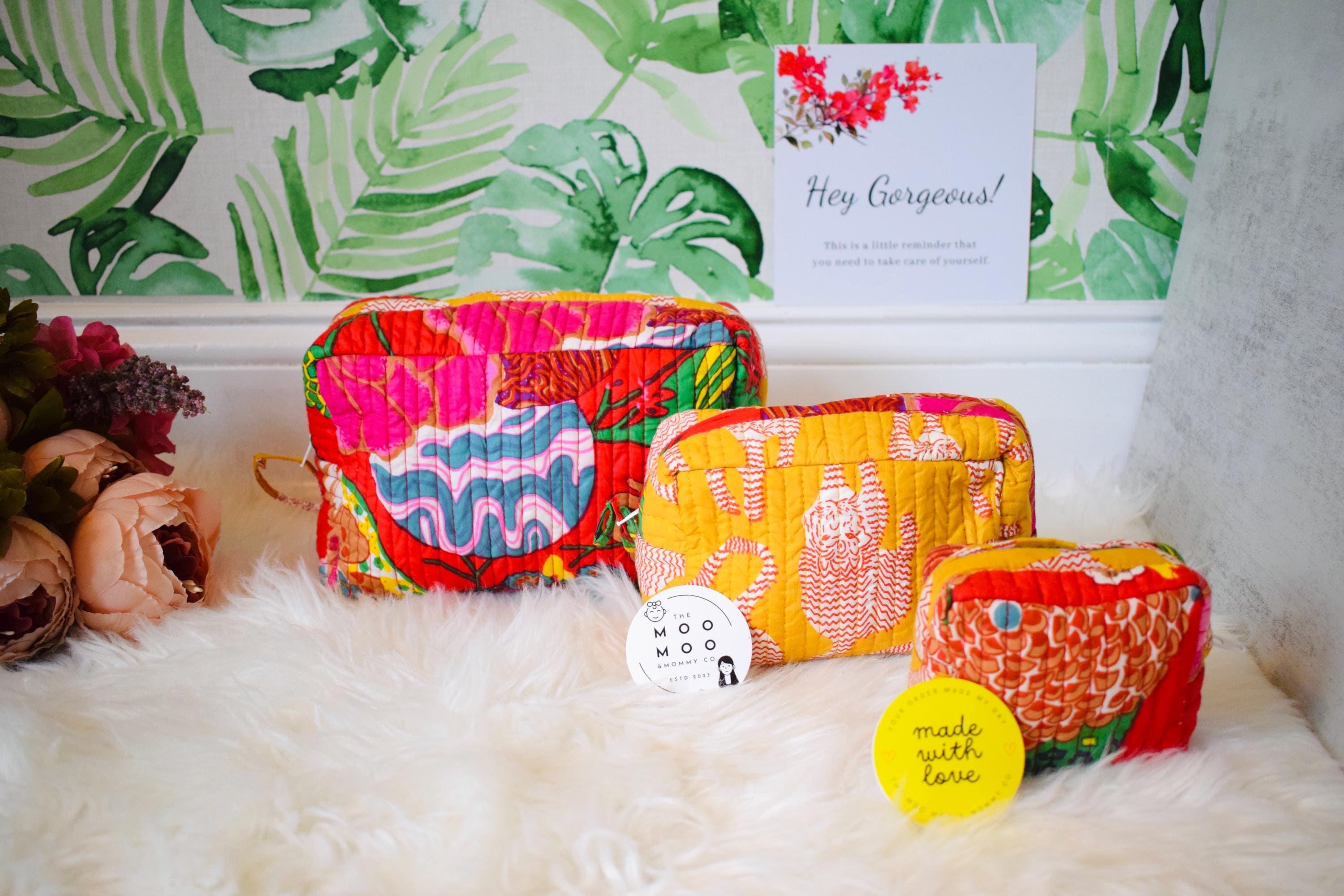 Toiletry Bags Quilted Pouch Cotton Travel Organiser Makeup Bag Gift for her Birthday Thank You Gift Utility pouches Set of 3 block printed