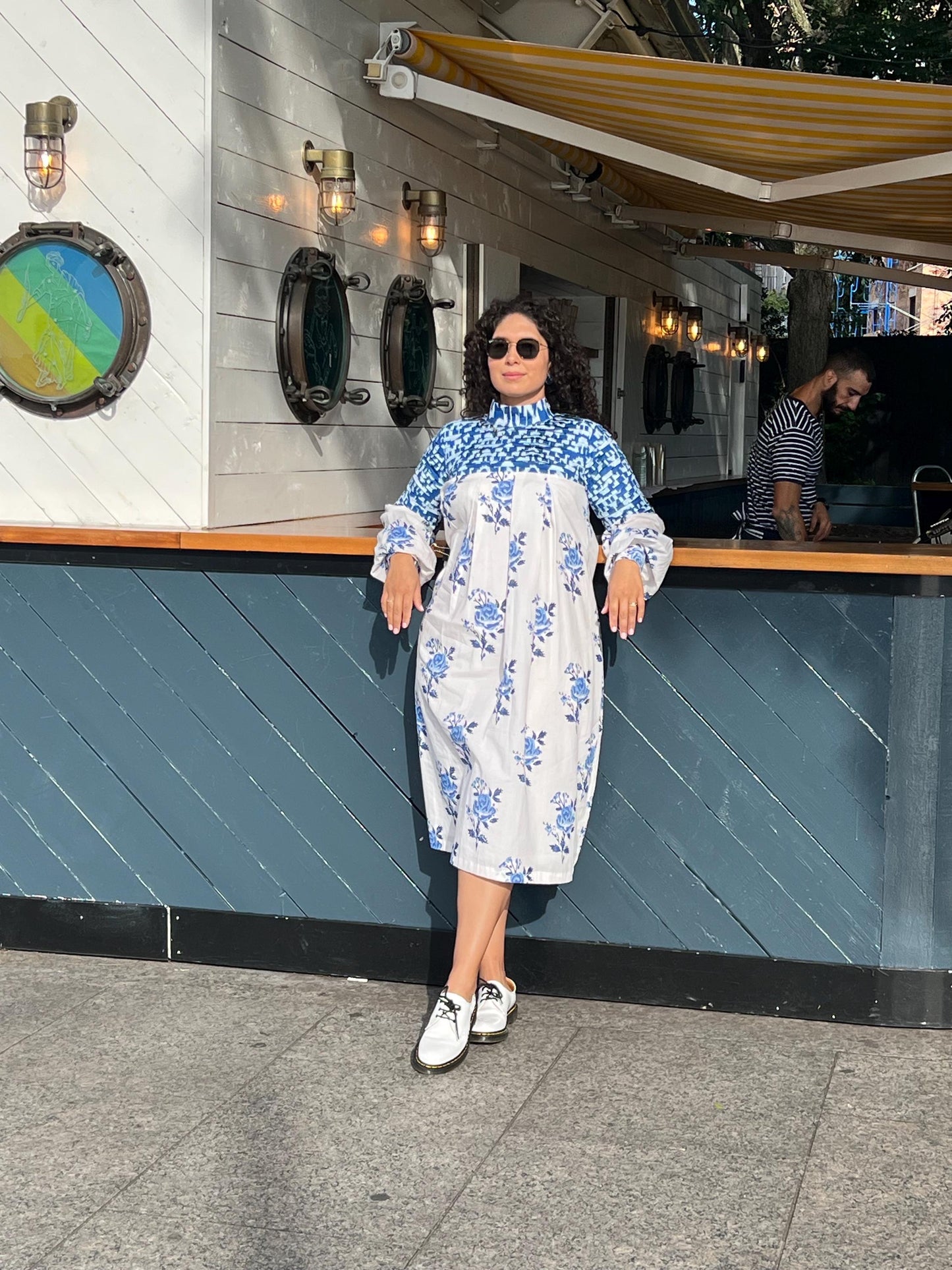 Midi Dress Blue Floral Dress Indian Cotton Dress Pleated Casual Dress Tunic Comfortable Vacation Wear Long Puff Sleeves Women Summer Dress
