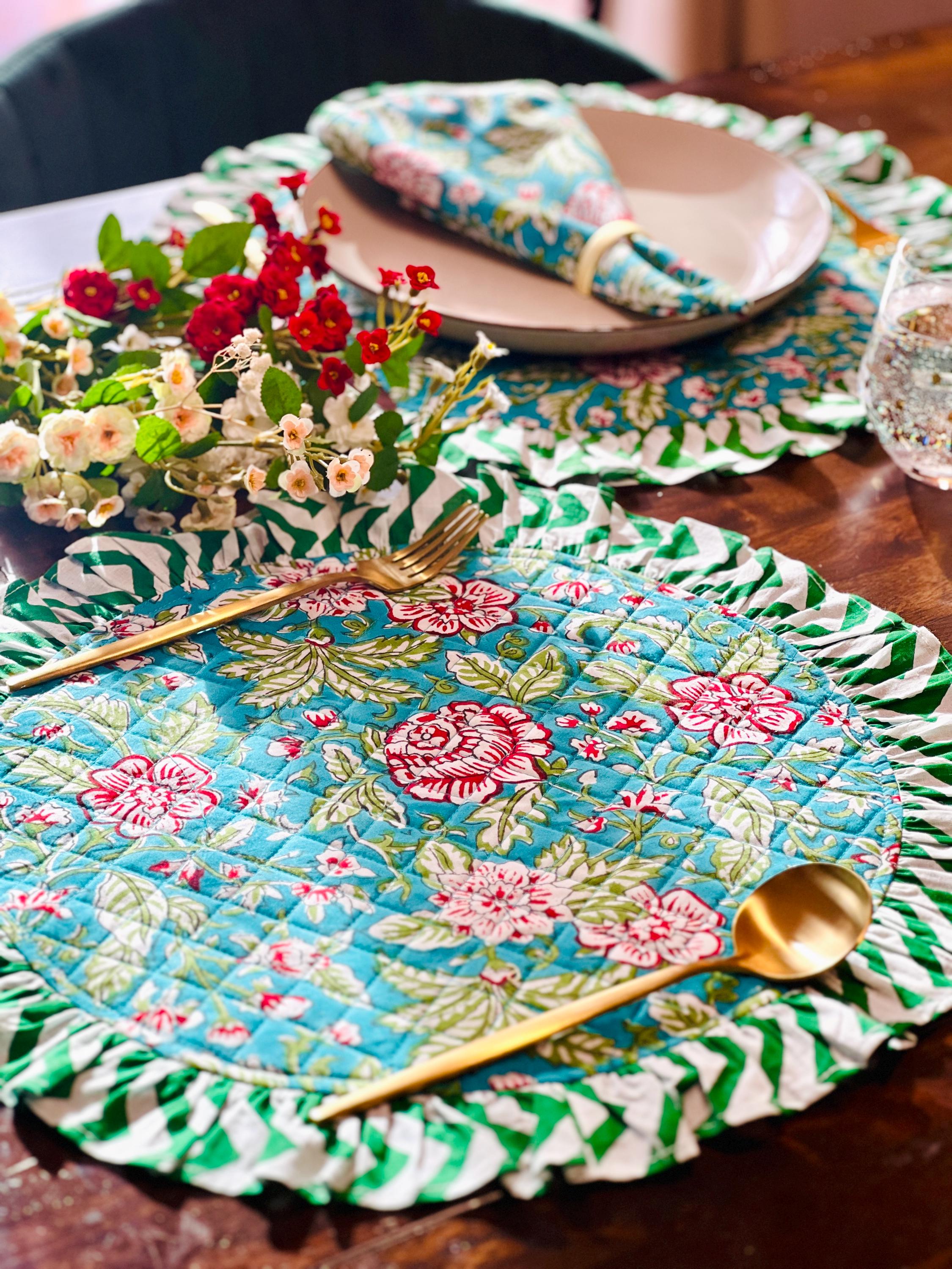 Gift for Mother’s Day Table Mat and Napkin Set Housewarming Gift Bright Floral Dining Placemats Quilted Cotton Mat Boho Dining Decor Set