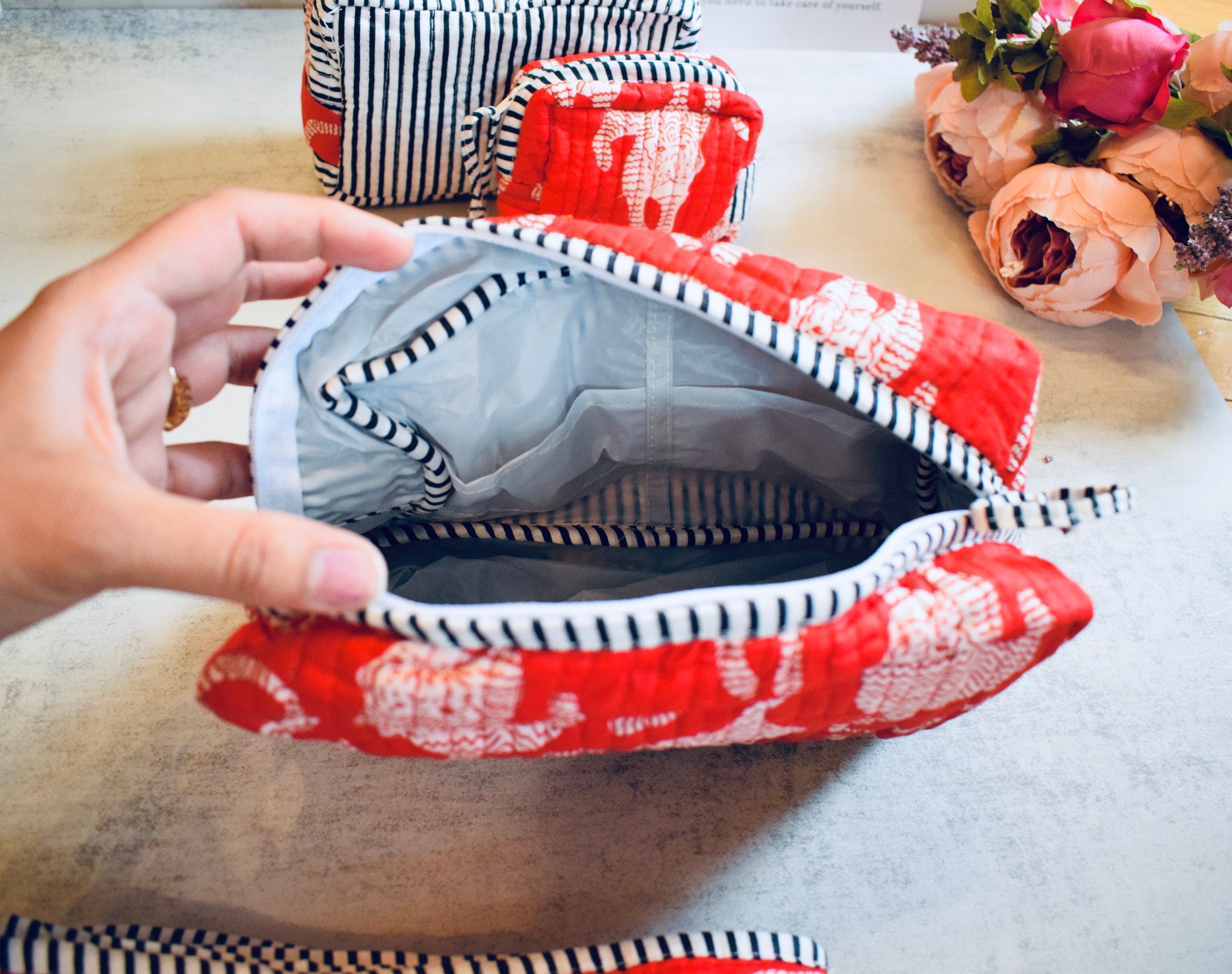 Toiletry Bags Quilted Pouch Cotton Travel Organiser Makeup Bag Gift for her Birthday Thank You Gift Utility pouches Set of 3 block printed