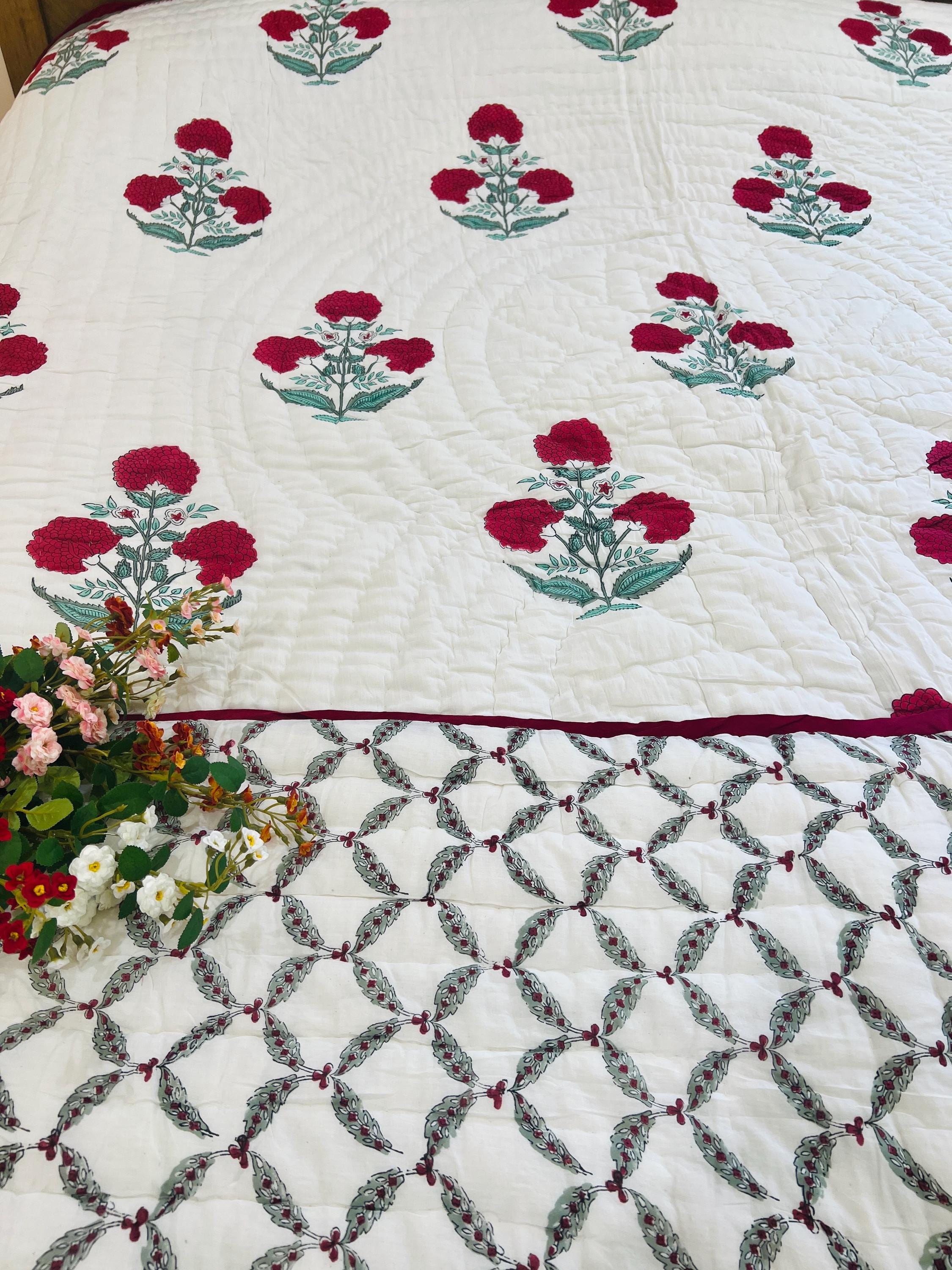 Indian Cotton Queen Quilt Block Printed Queen Blanket Organic Comforter Colorful Bedspread Jaipur Razai Soft Quilt Unique Bedding Gift Ideas