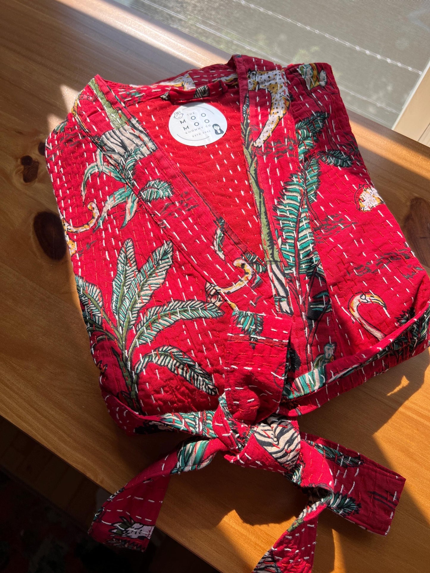 Kantha Cotton Kimono Hand Stitched Indian Robe Cozy Japanese Kimono Animal Print Kantha Stitch housecoat Winter Kimono Holiday Gift for Her