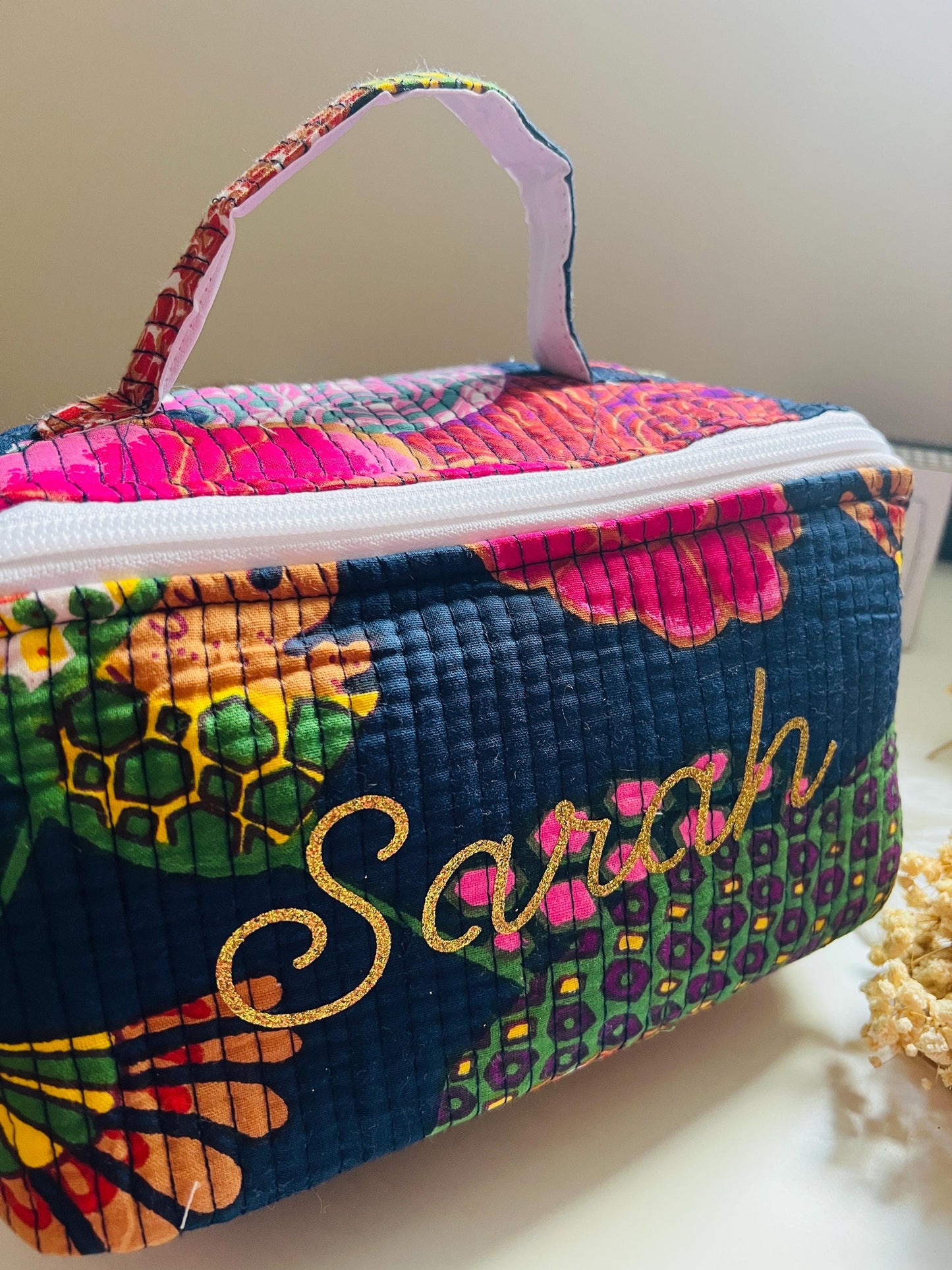 Quilted Toiletry Bag Vanity Pouch Large Make Up Organizer Travel Zipper Pouch Block Printed  Floral Cosmetic Organizer for Women Gift Ideas