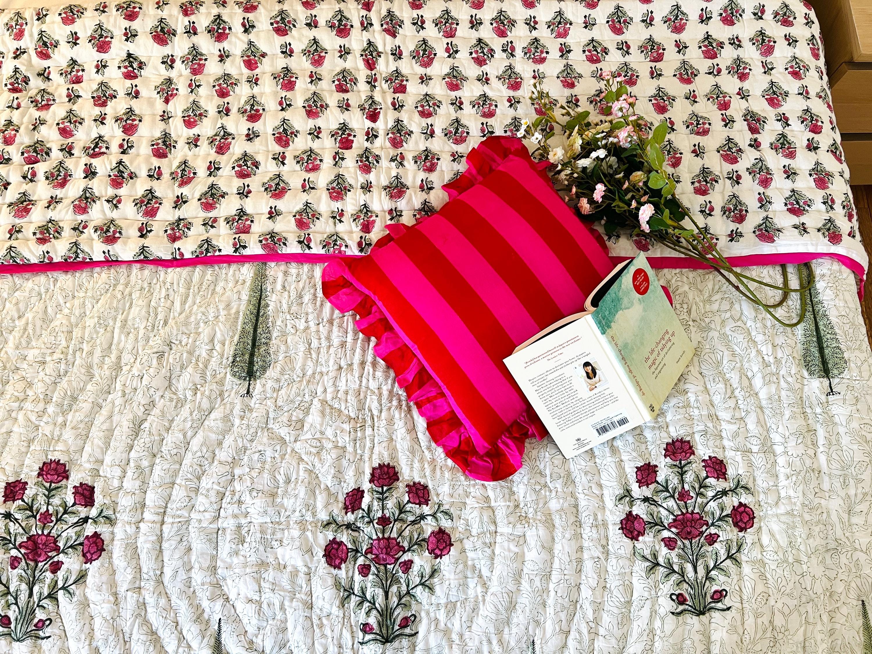 Indian Cotton Queen Quilt Block Printed Queen Blanket Organic Comforter Colorful Bedspread Jaipur Razai Soft Quilt Unique Bedding Gift Ideas
