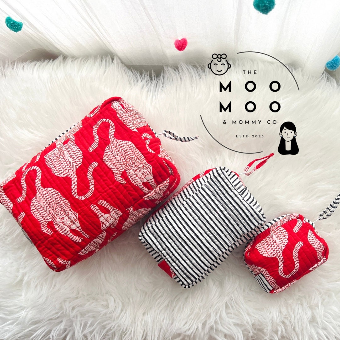 Toiletry Bags Quilted Pouch Cotton Travel Organiser Makeup Bag Gift for her Birthday Thank You Gift Utility pouches Set of 3 block printed