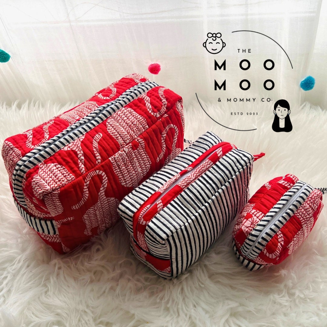 Toiletry Bags Quilted Pouch Cotton Travel Organiser Makeup Bag Gift for her Birthday Thank You Gift Utility pouches Set of 3 block printed