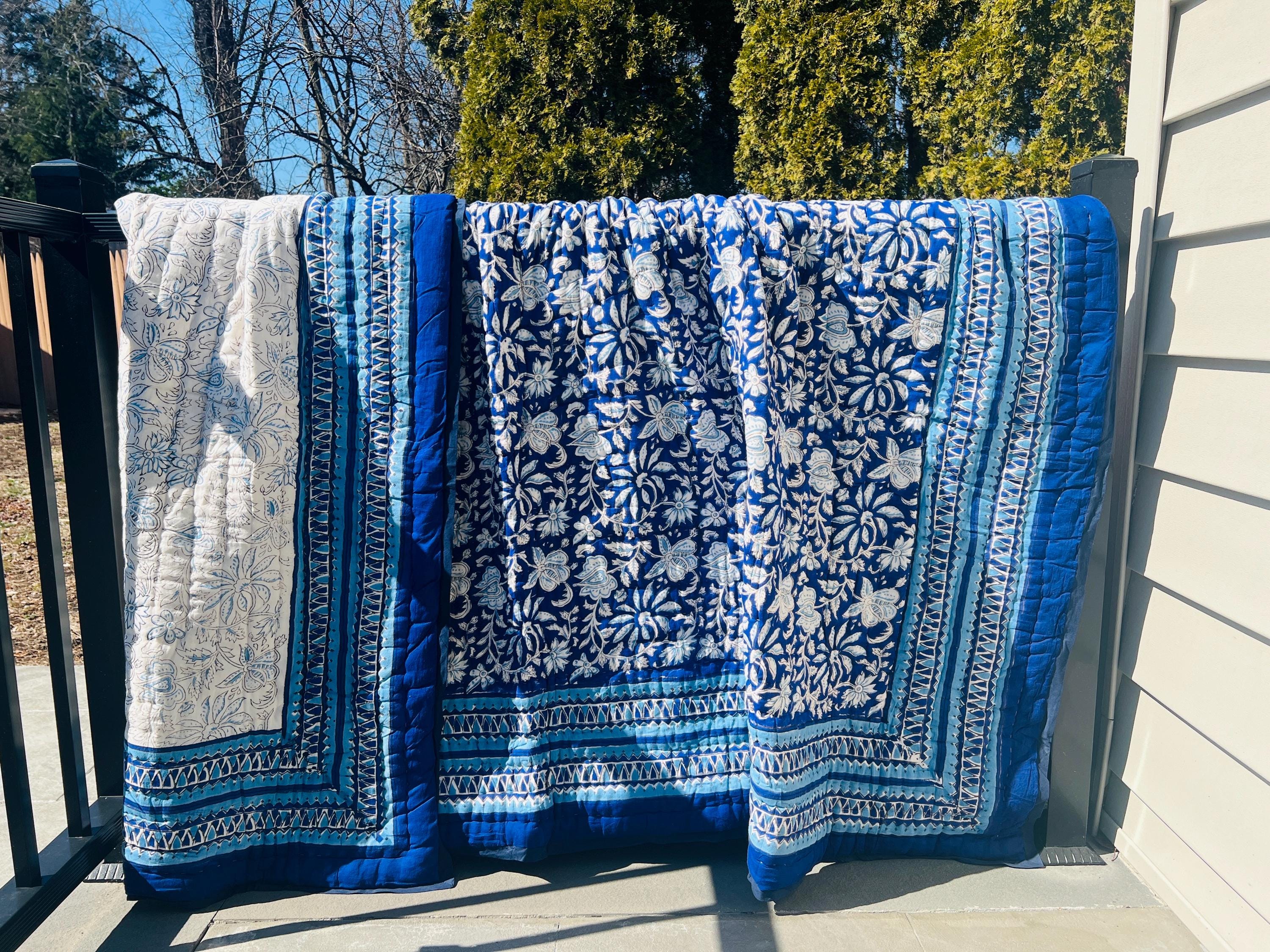 Indian Cotton Queen Quilt Block Printed Queen Blanket Organic Comforter Colorful Bedspread Jaipur Razai Soft Quilt Unique Bedding Gift Ideas