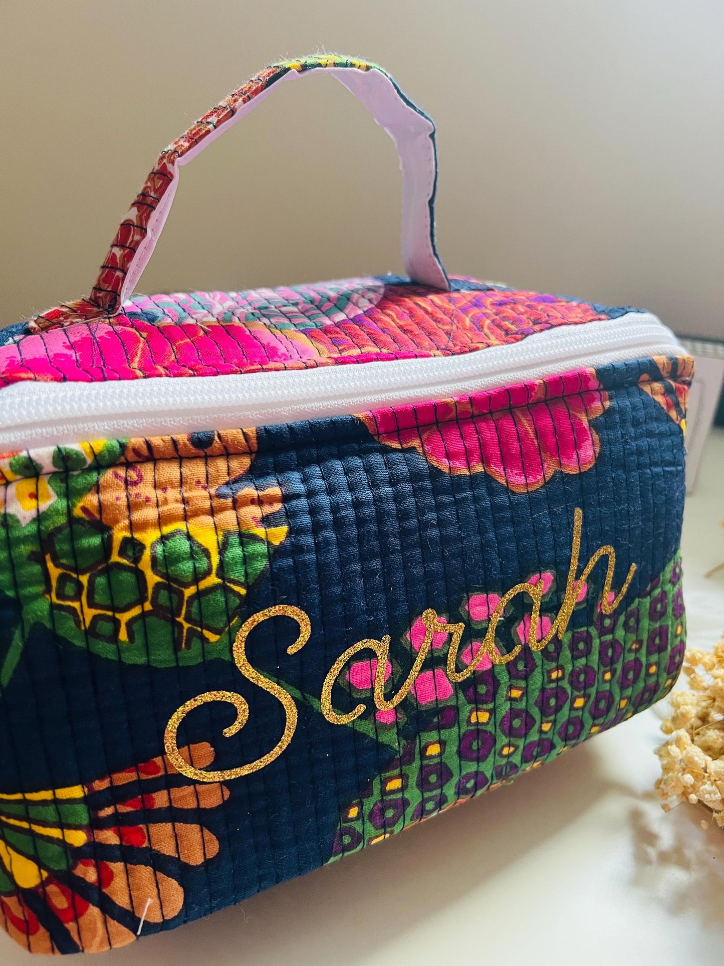 Big Quilted Toiletry Bag Vanity Pouch Large Make Up Organizer Travel Utility Pouch Block Printed Floral Cosmetic Organizer for Women Gift