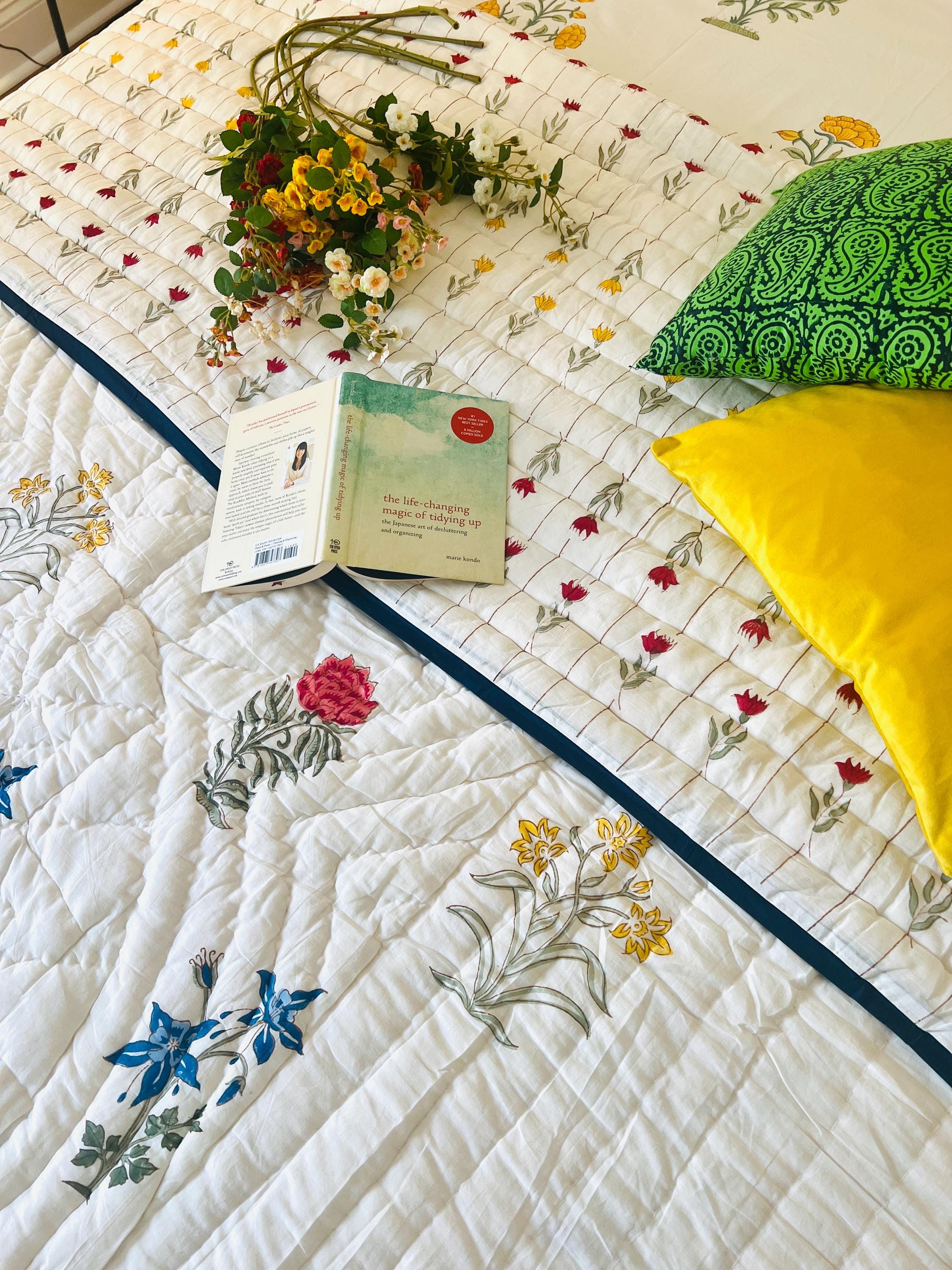 Indian Cotton Queen Quilt Block Printed Queen Blanket Organic Comforter Colorful Bedspread Jaipur Razai Soft Quilt Unique Bedding Gift Ideas