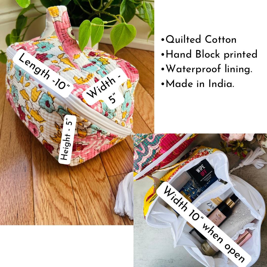 Big Quilted Toiletry Bag Vanity Pouch Large Make Up Organizer Travel Utility Pouch Block Printed Floral Cosmetic Organizer for Women Gift