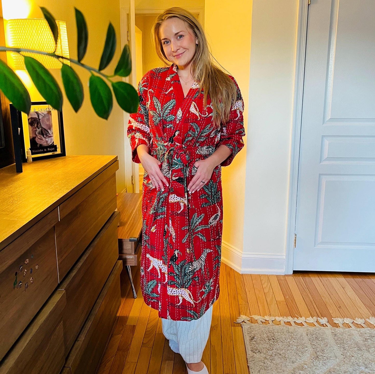 Kantha Cotton Kimono Hand Stitched Indian Robe Cozy Japanese Kimono Animal Print Kantha Stitch housecoat Winter Kimono Holiday Gift for Her