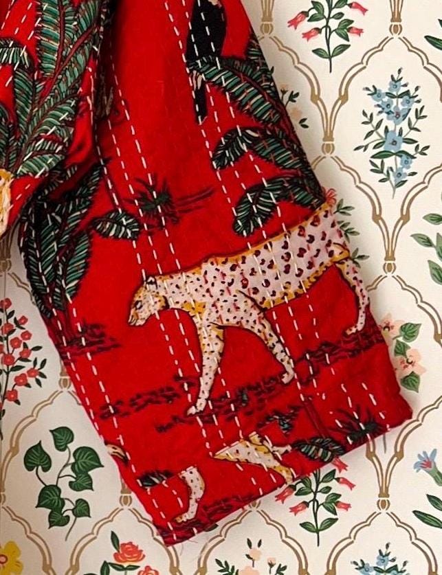 Kantha Cotton Kimono Hand Stitched Indian Robe Cozy Japanese Kimono Animal Print Kantha Stitch housecoat Winter Kimono Holiday Gift for Her