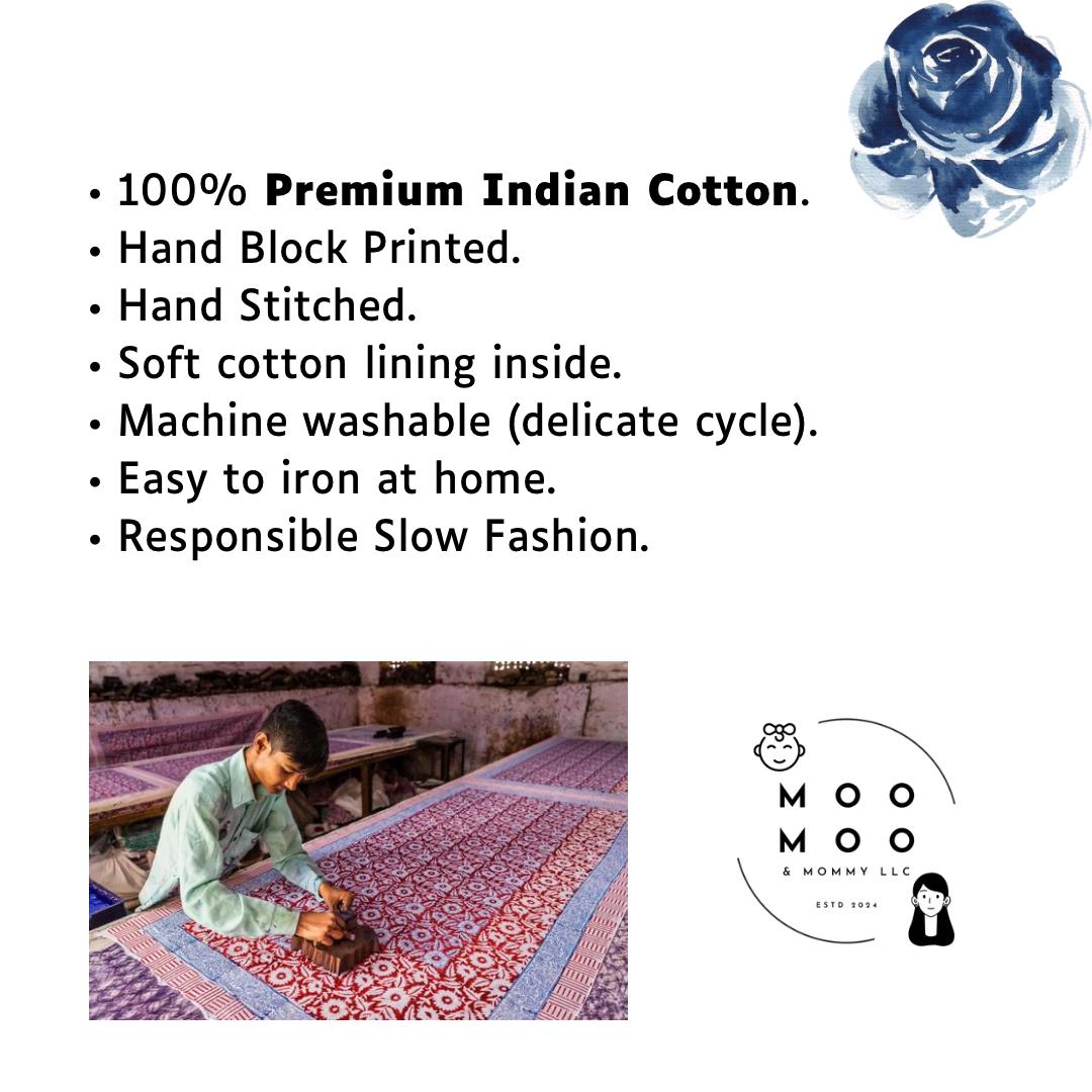 Midi Dress Blue Floral Dress Indian Cotton Dress Pleated Casual Dress Tunic Comfortable Vacation Wear Long Puff Sleeves Women Summer Dress