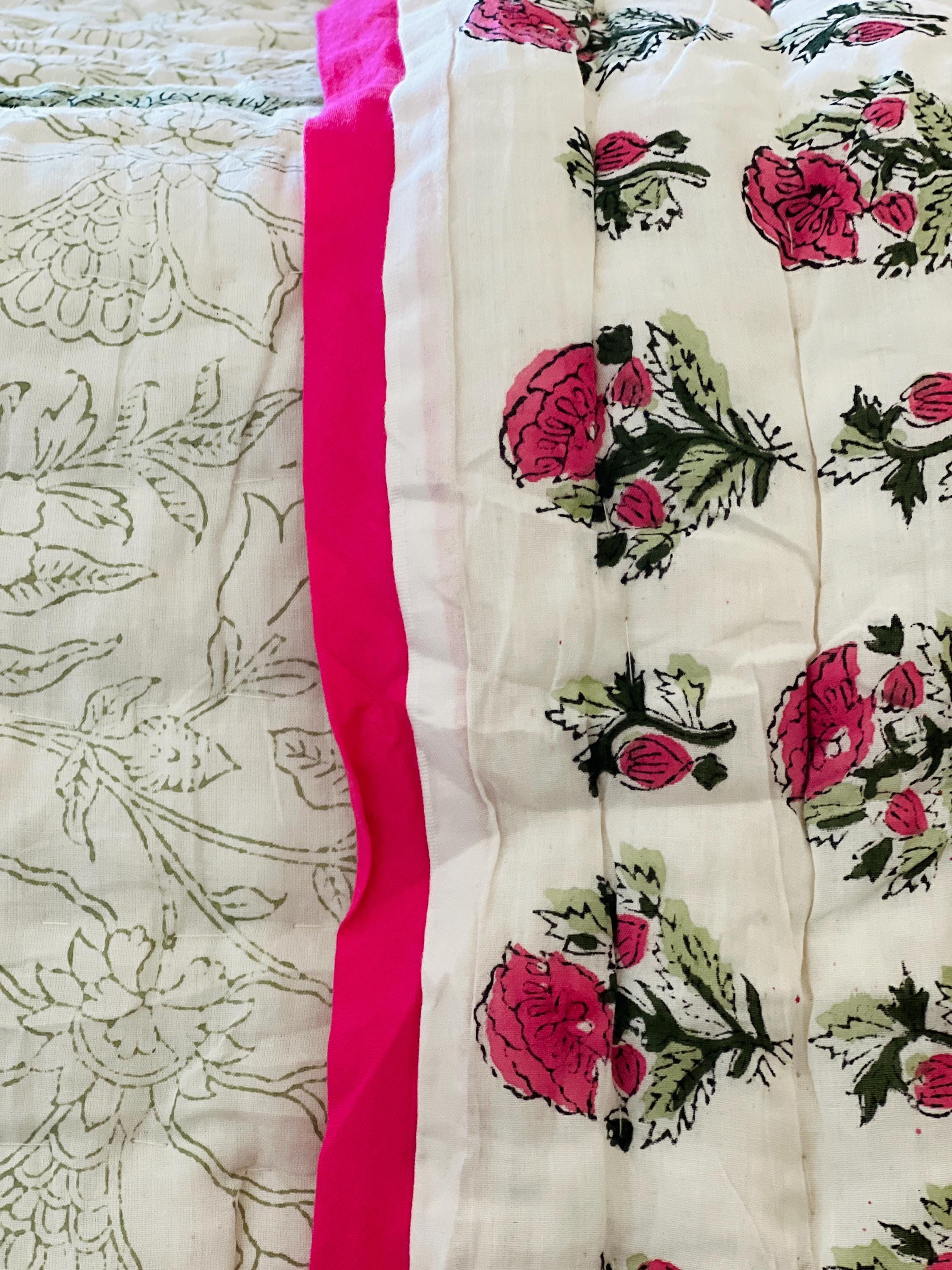 Indian Cotton Queen Quilt Block Printed Queen Blanket Organic Comforter Colorful Bedspread Jaipur Razai Soft Quilt Unique Bedding Gift Ideas