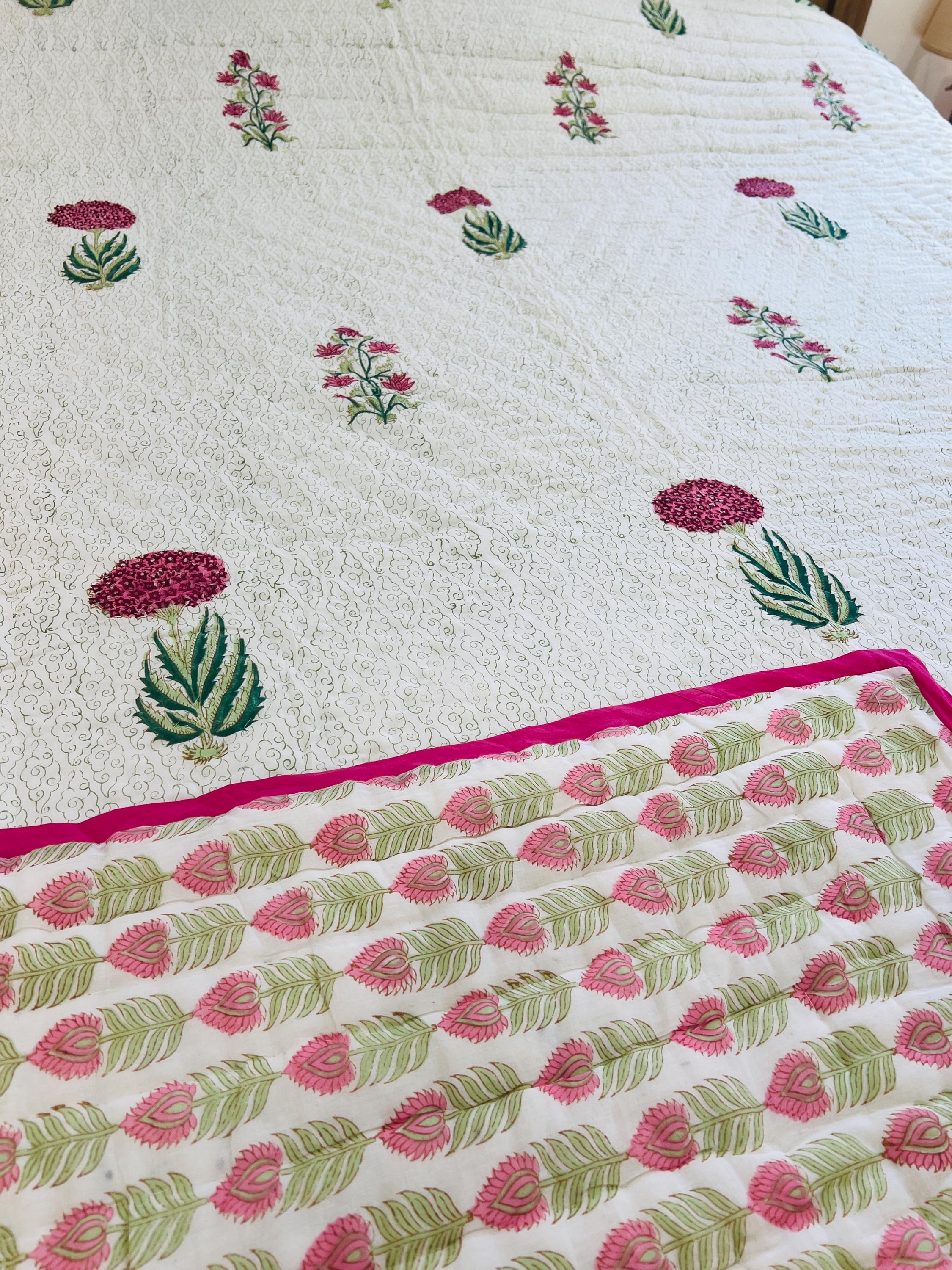 Indian Cotton Queen Quilt Block Printed Queen Blanket Organic Comforter Colorful Bedspread Jaipur Razai Soft Quilt Unique Bedding Gift Ideas