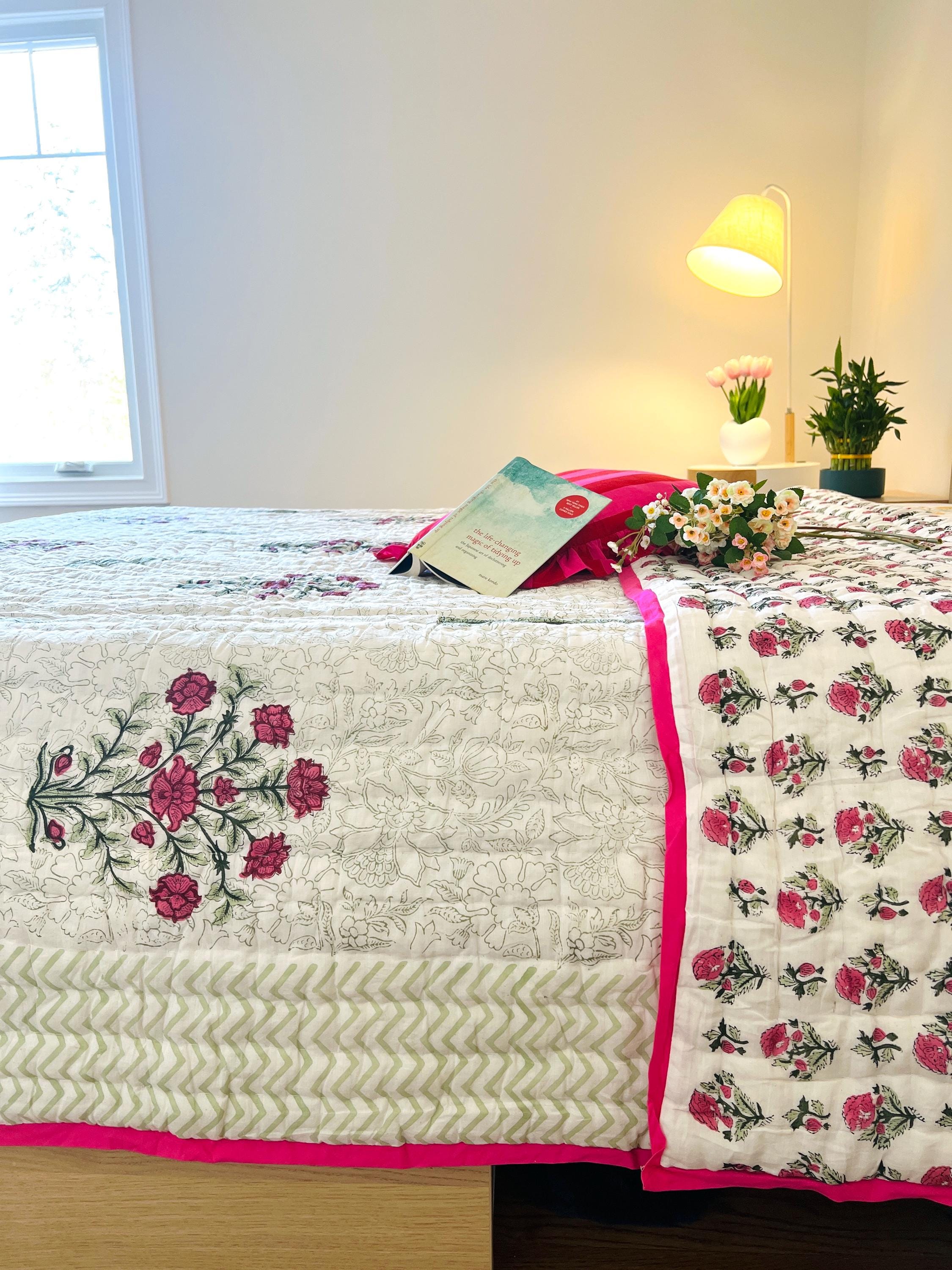 Queen Quilt Cotton Comforter Colorful Bedspread Soft Quilt Unique Bedding Gift Ideas Organic Cotton Indian Hand Block Print AC Quilt Floral