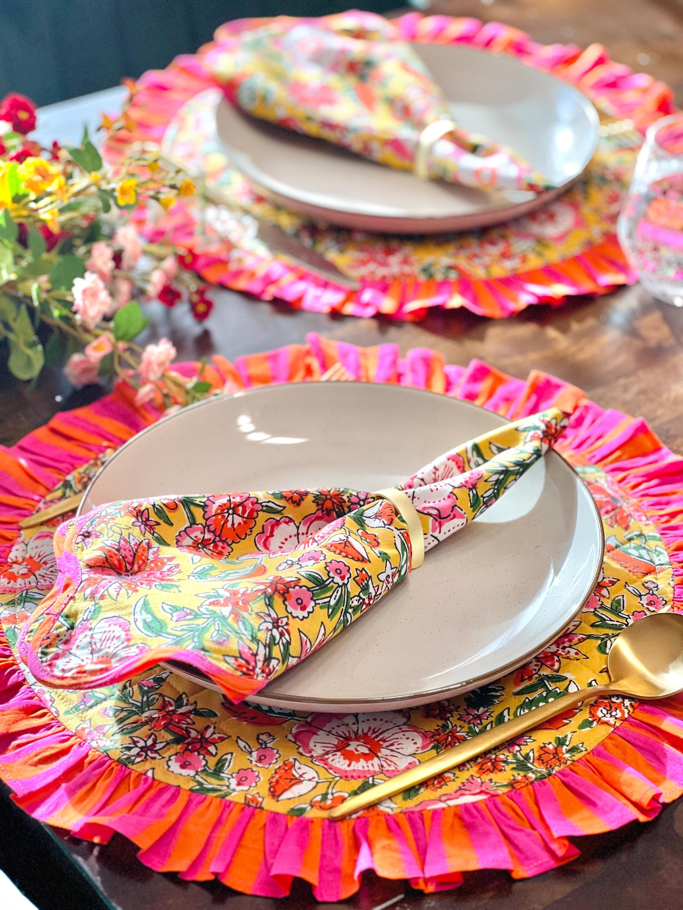 Table Mat and Napkin Set Housewarming Gift Bright Floral Dining Placemats Quilted Cotton Mat Boho Dining Decor Set Block Print Indian Prints