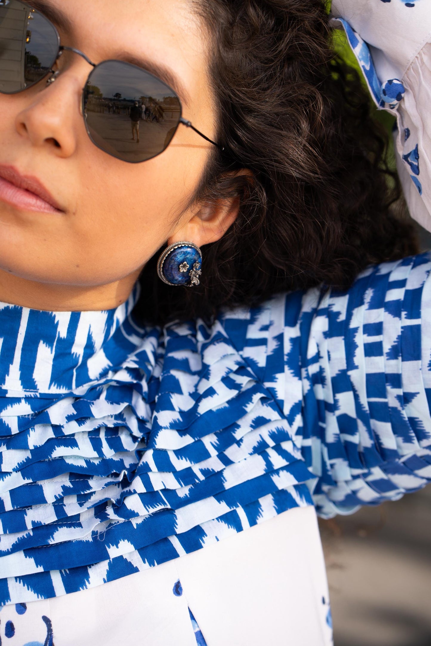 Midi Dress Blue Floral Dress Indian Cotton Dress Pleated Casual Dress Tunic Comfortable Vacation Wear Long Puff Sleeves Women Summer Dress