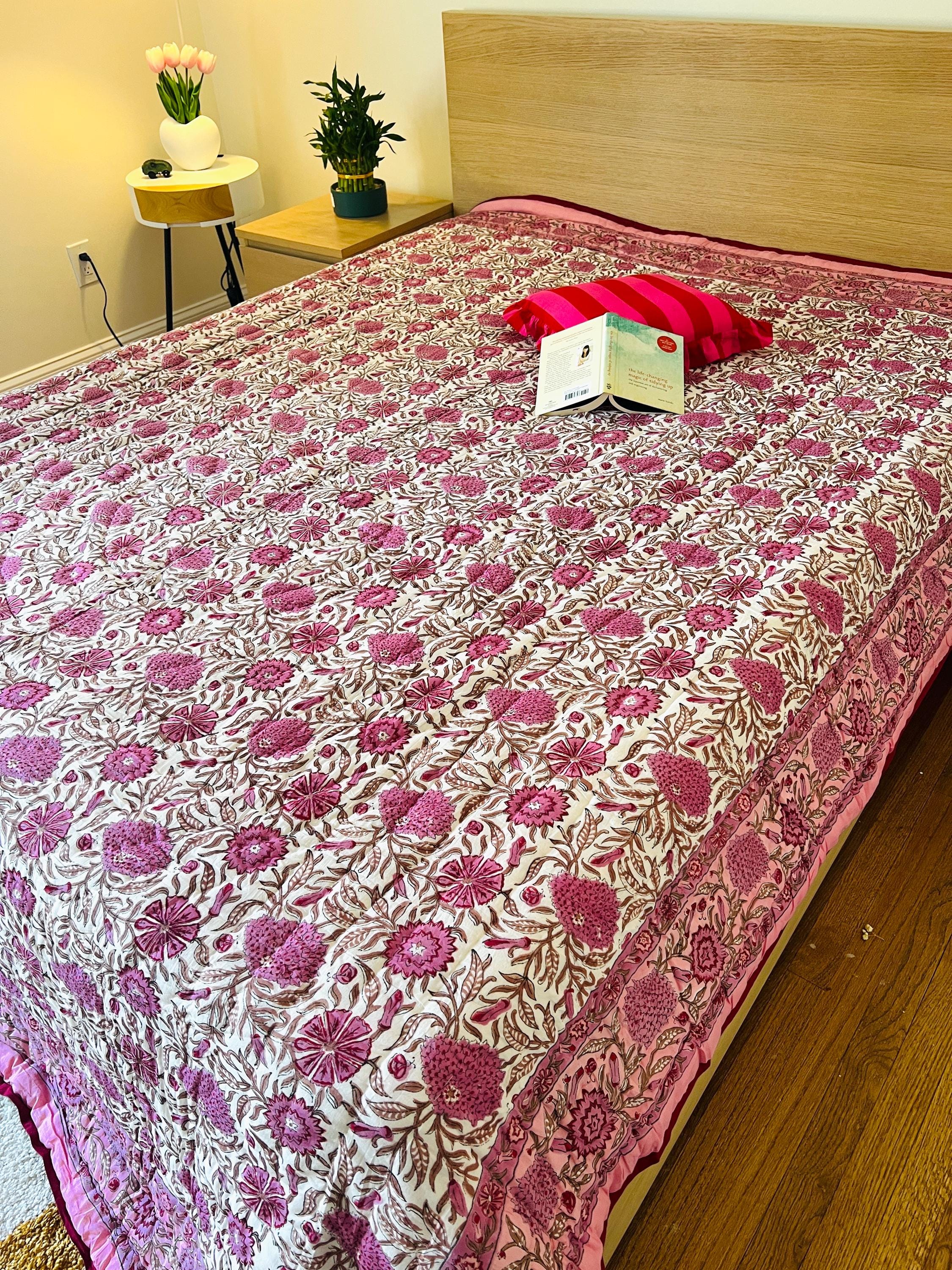 Indian Cotton Queen Quilt Block Printed Queen Blanket Organic Comforter Colorful Bedspread Jaipur Razai Soft Quilt Unique Bedding Gift Ideas