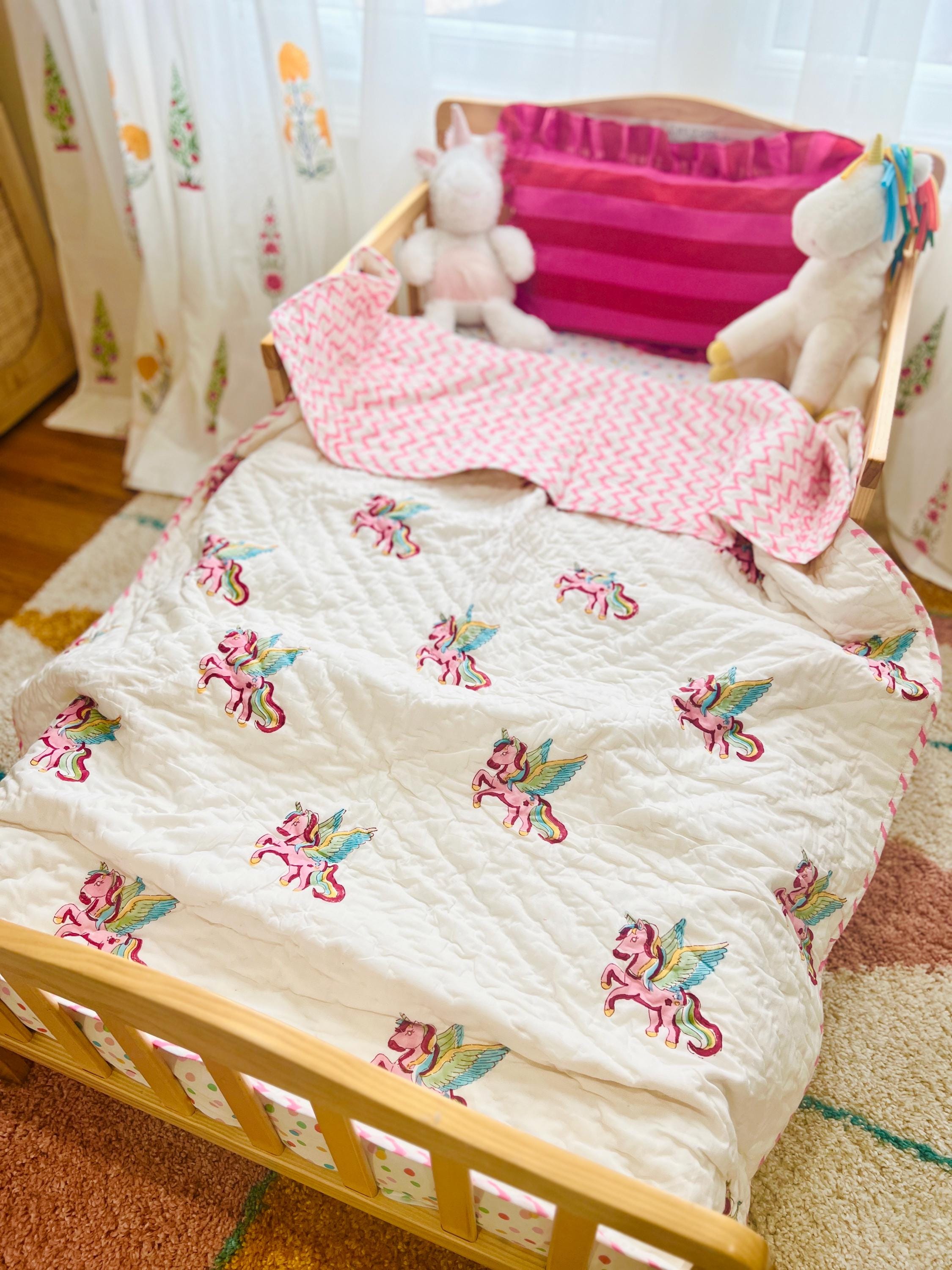 Handmade Toddler Quilt, Soft Cotton Block Print, Jaipur Razai Kids Blanket, Cozy & Unique Gift for Toddlers, Kids Birthday Gift Indian Quilt